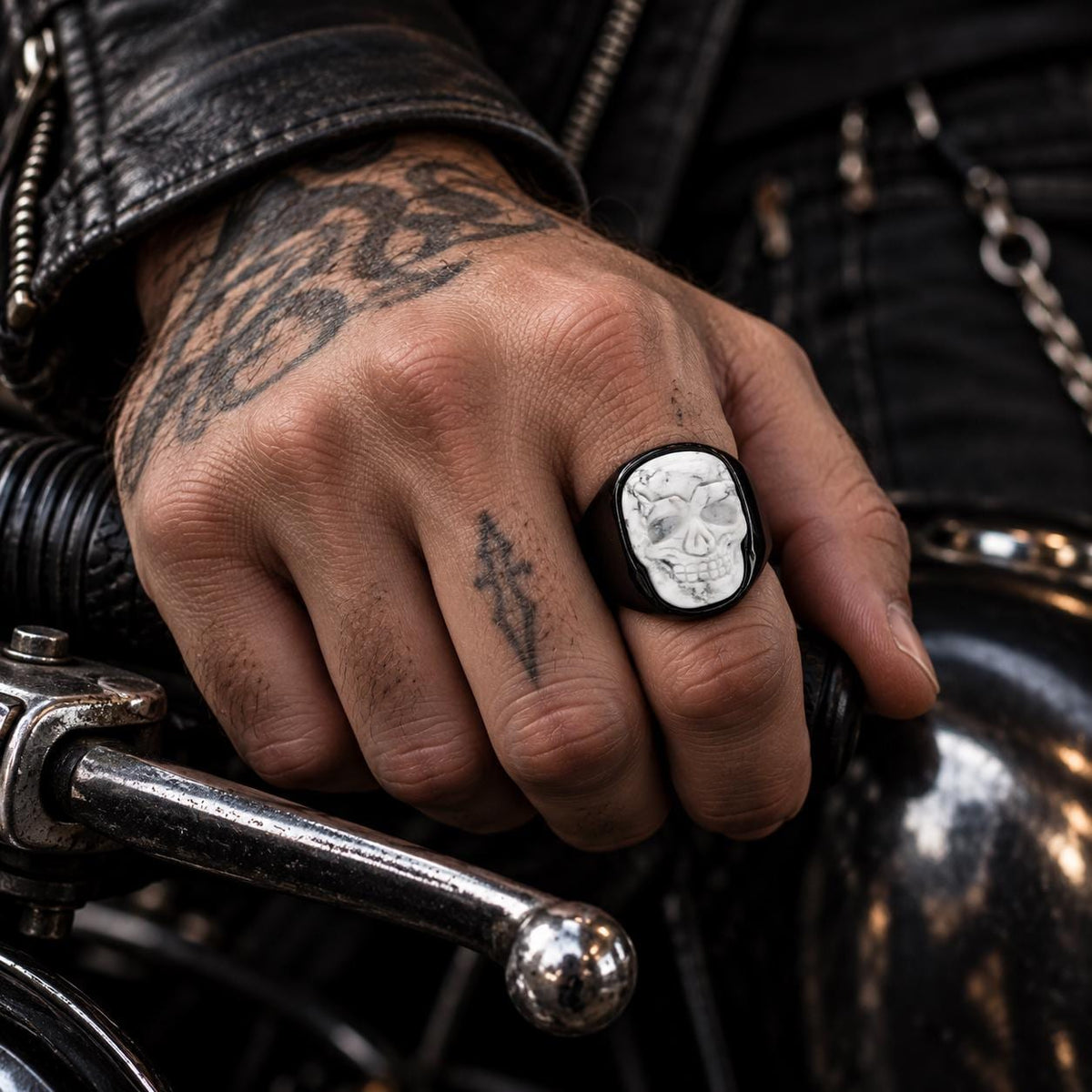 Howlite Skull Ring, Black Stainless Steel Skull Ring, Genuine Howlite Statement Ring, Sizes 9–13