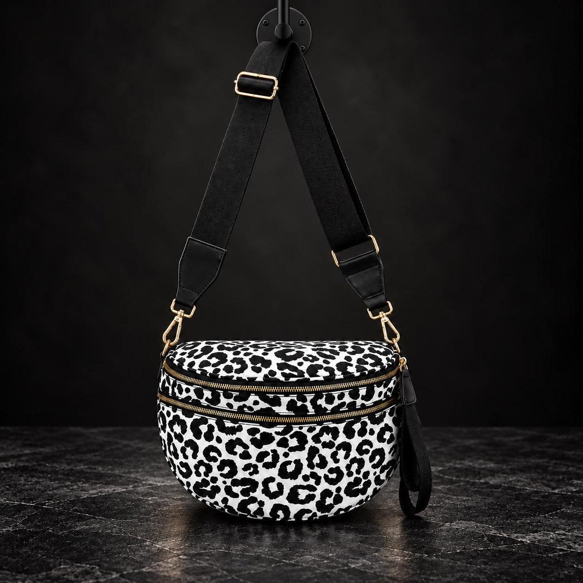Black and White Leopard Crossbody Bag, Animal Print Shoulder Purse, Bold Everyday Faux Leather Handbag