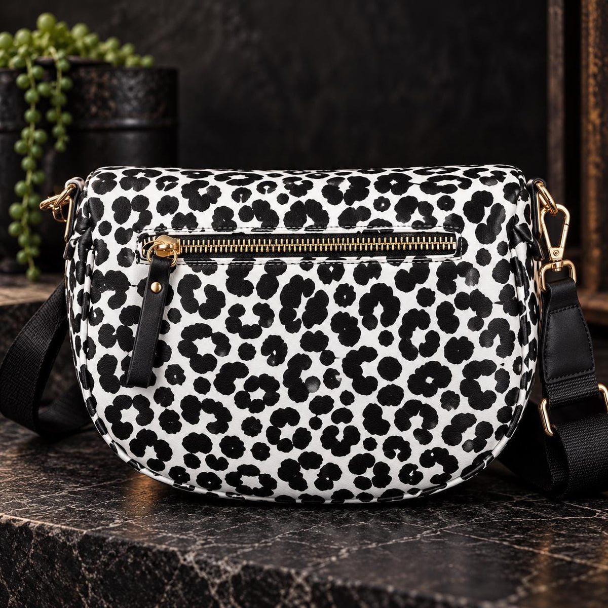 Black and White Leopard Crossbody Bag, Animal Print Shoulder Purse, Bold Everyday Faux Leather Handbag