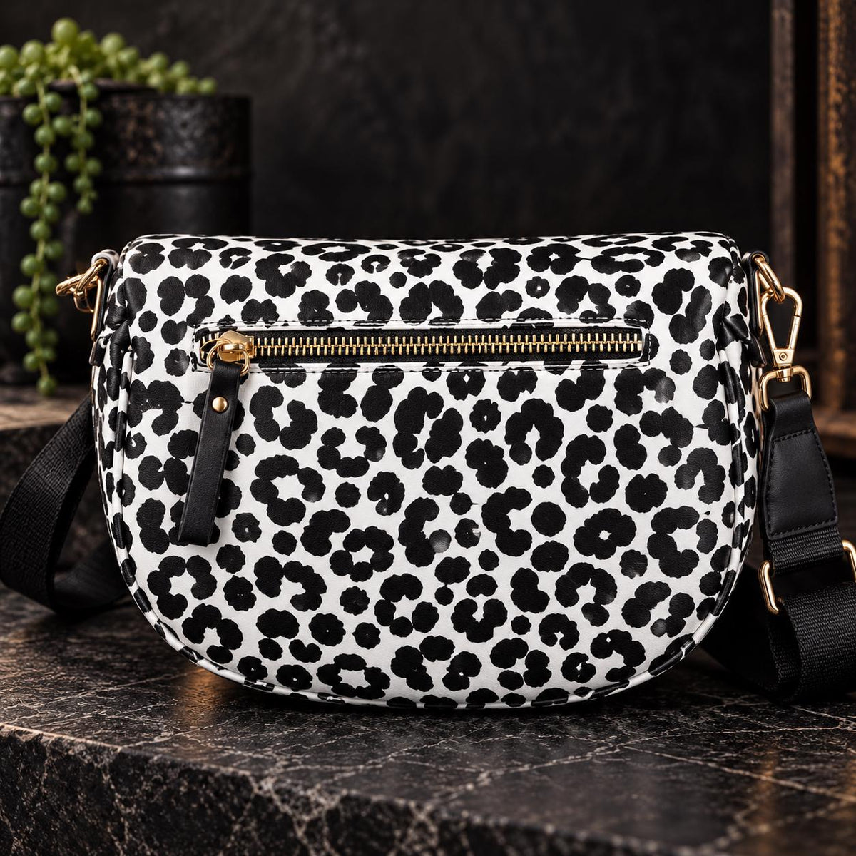 Black and White Leopard Crossbody Bag, Animal Print Shoulder Purse, Bold Everyday Faux Leather Handbag