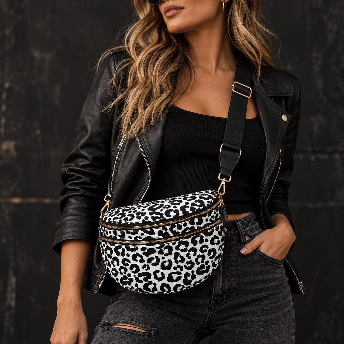 Black and White Leopard Crossbody Bag, Animal Print Shoulder Purse, Bold Everyday Faux Leather Handbag
