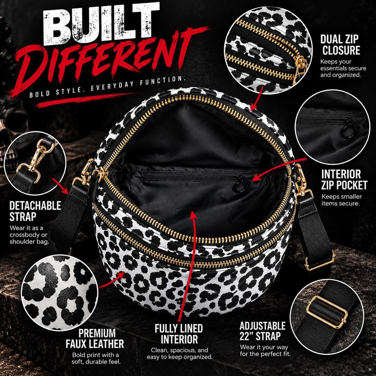 Black and White Leopard Crossbody Bag, Animal Print Shoulder Purse, Bold Everyday Faux Leather Handbag