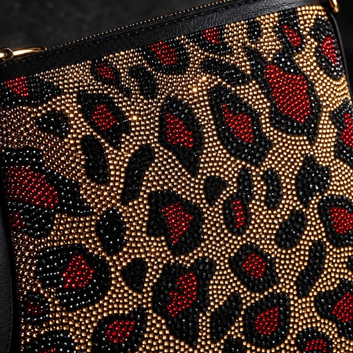 Leopard Rhinestone Crossbody Bag, Black Red Gold Animal Print Purse, Sparkly Statement Shoulder Bag
