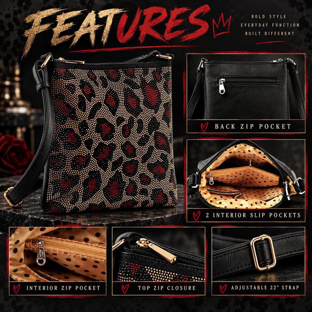 Leopard Rhinestone Crossbody Bag, Black Red Gold Animal Print Purse, Sparkly Statement Shoulder Bag