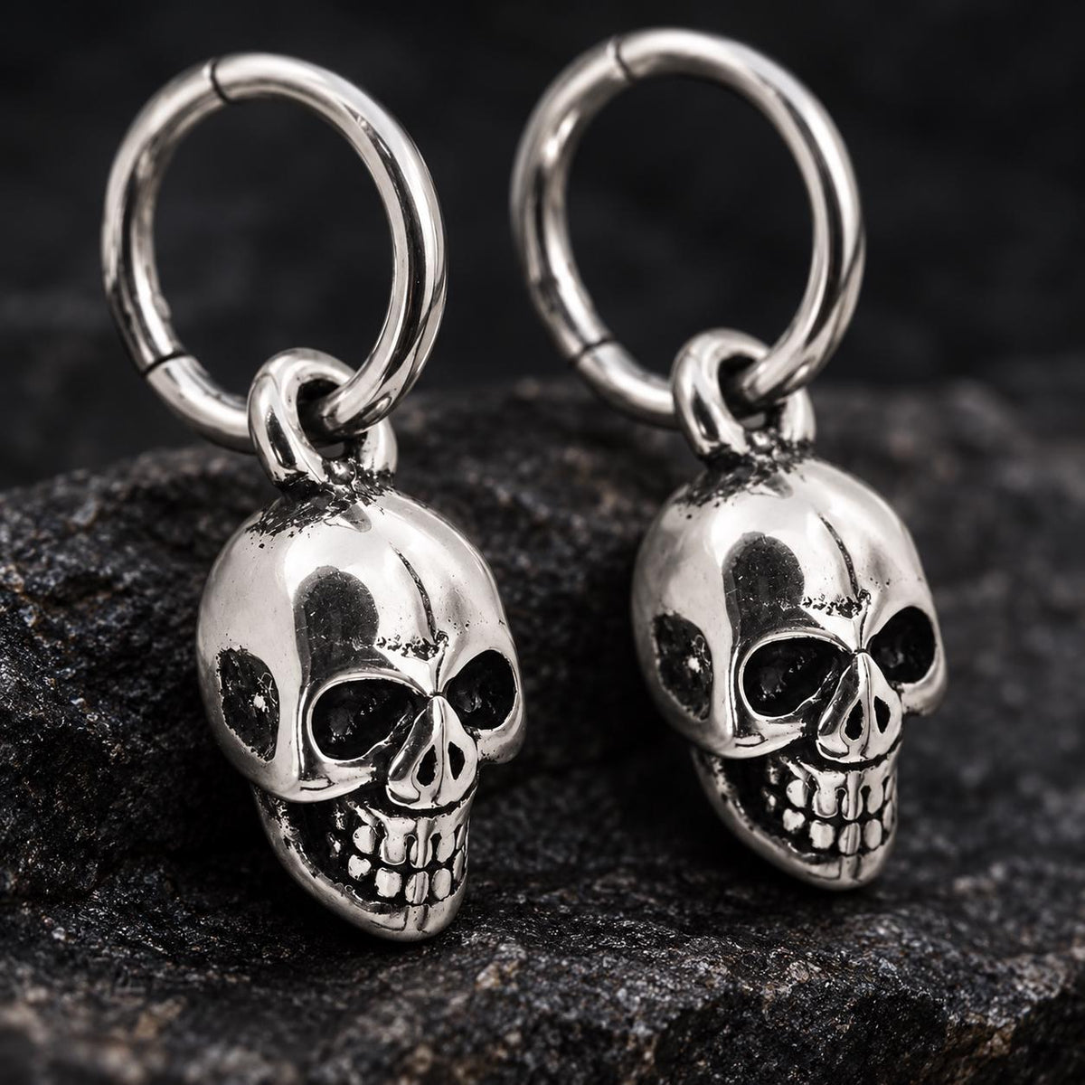 Skull Hoop Earrings, Stainless Steel Huggie Earrings, Gothic Skull Dangle Earrings, Biker Jewelry Gift
