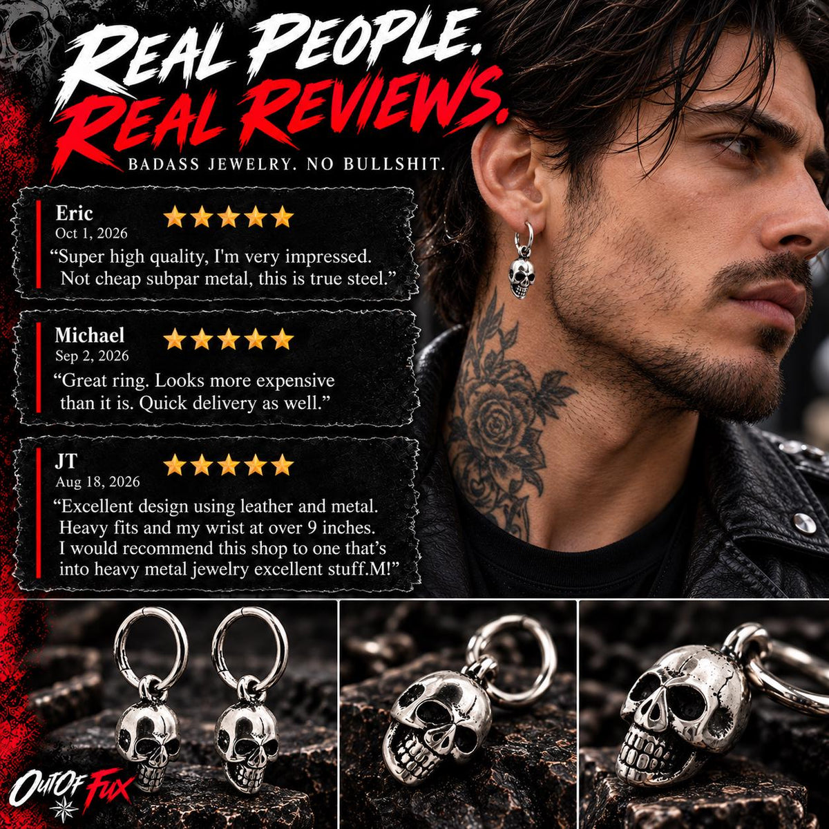 Skull Hoop Earrings, Stainless Steel Huggie Earrings, Gothic Skull Dangle Earrings, Biker Jewelry Gift