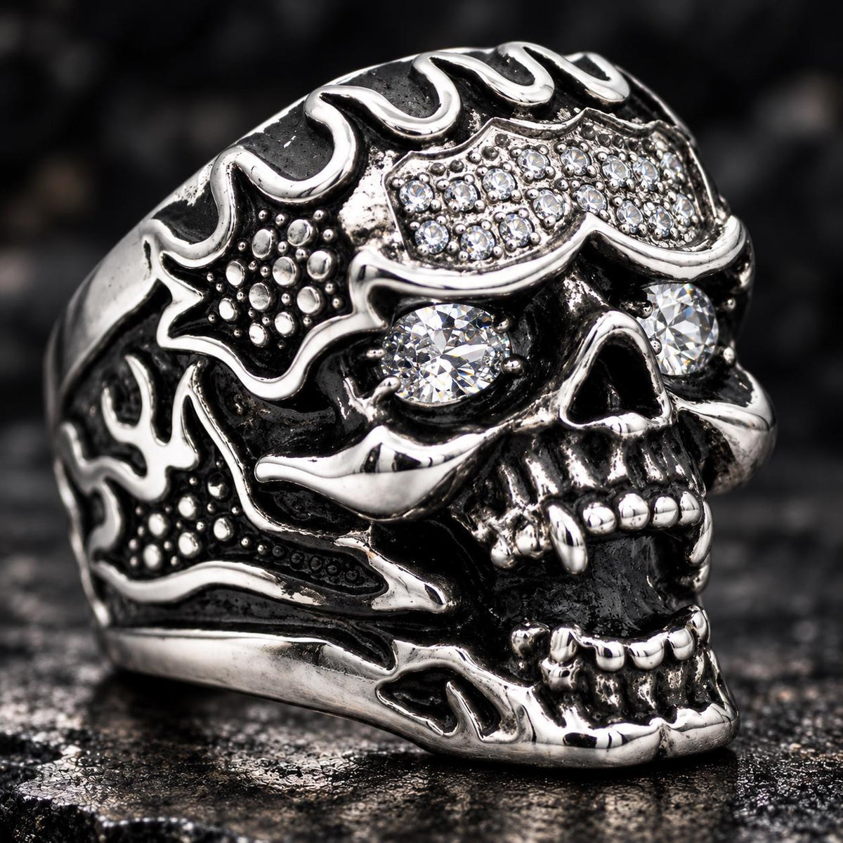 Skull Flame Ring, 316L Stainless Steel Biker Ring, CZ Skull Statement Ring, Gothic Rocker Jewelry, Sizes 9β13