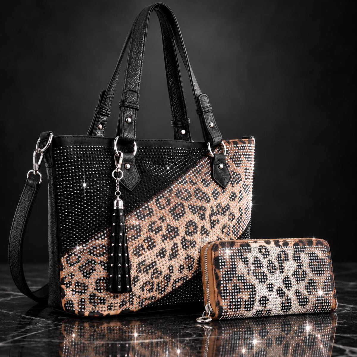 Leopard Rhinestone Purse and Wallet Set, Sparkly Tote Bag with Matching Zip Wallet, Glam Statement Handbag Set