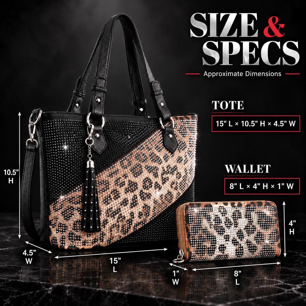 Leopard Rhinestone Purse and Wallet Set, Sparkly Tote Bag with Matching Zip Wallet, Glam Statement Handbag Set