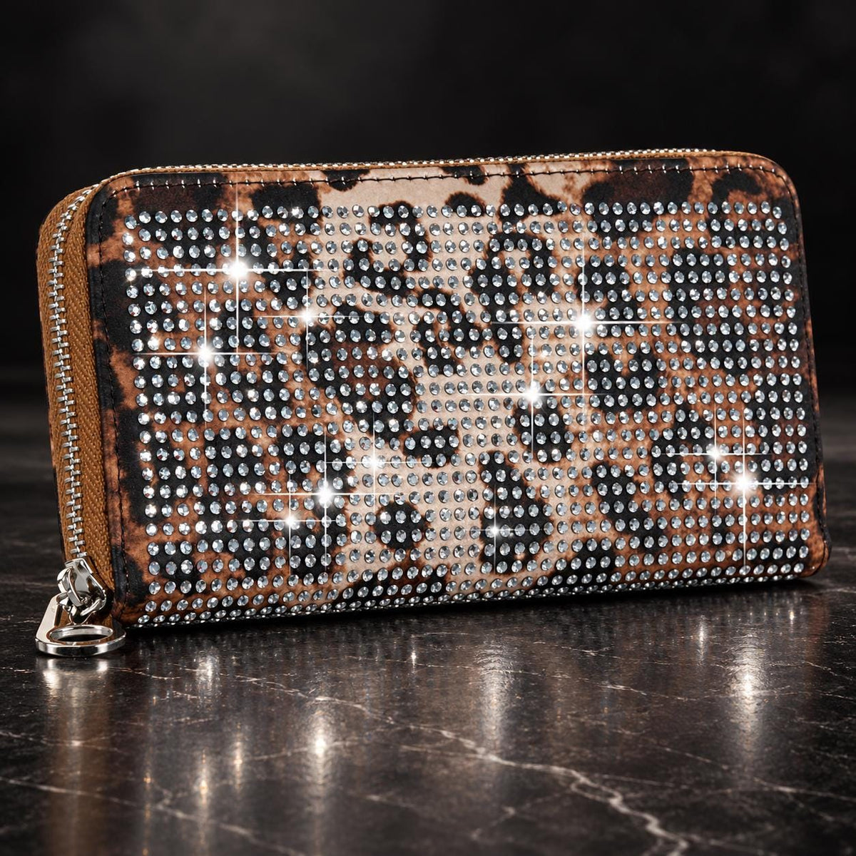 Leopard Rhinestone Purse and Wallet Set, Sparkly Tote Bag with Matching Zip Wallet, Glam Statement Handbag Set