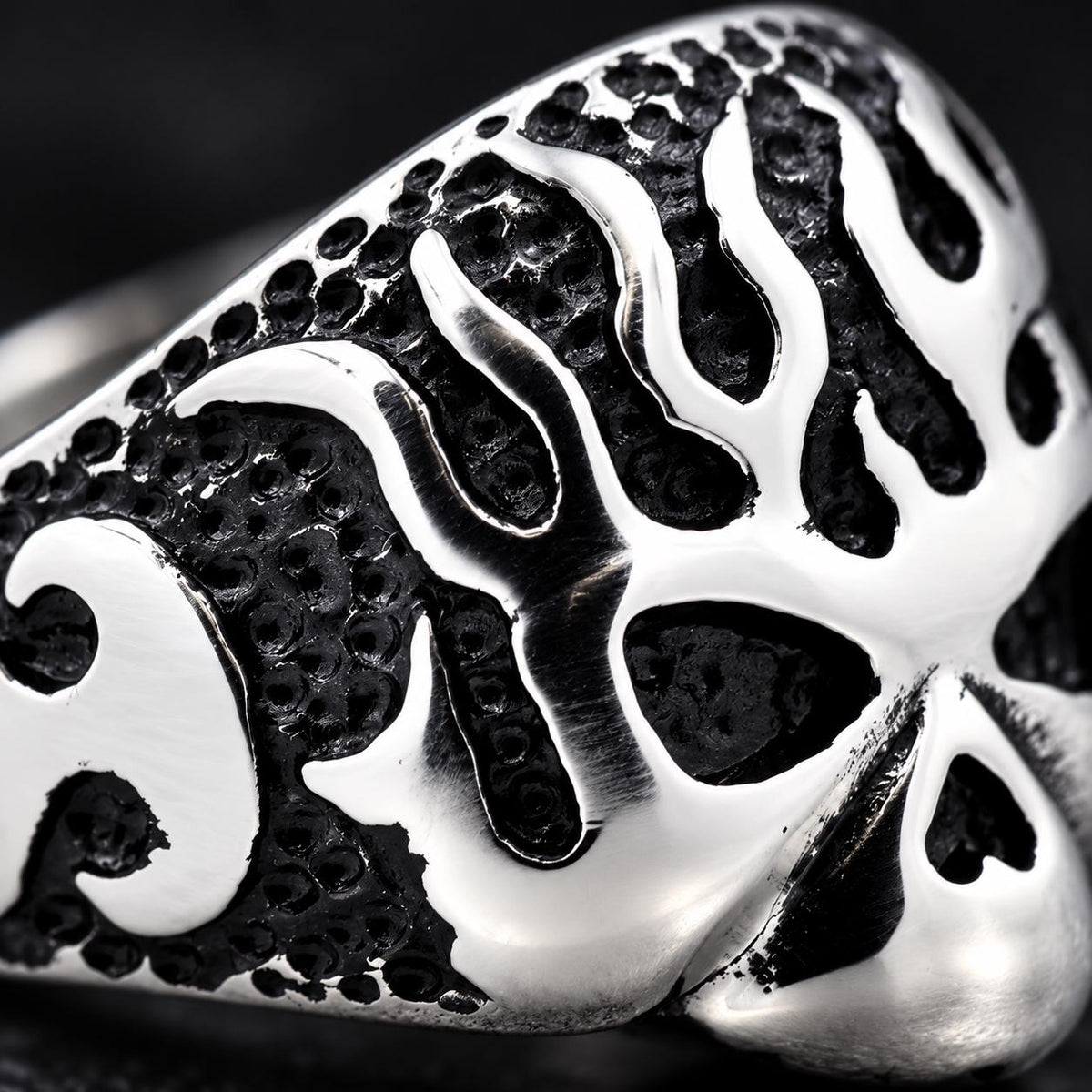 Blackened Flame Ring, 316L Stainless Steel, Wide Statement-Band Design, Sizes 8-13