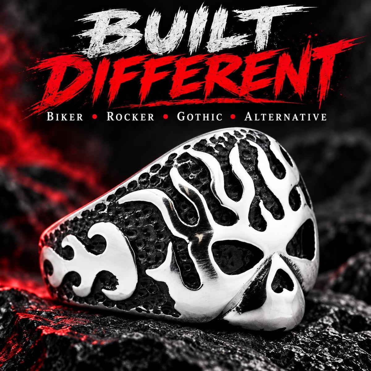 Blackened Flame Ring, 316L Stainless Steel, Wide Statement-Band Design, Sizes 8-13
