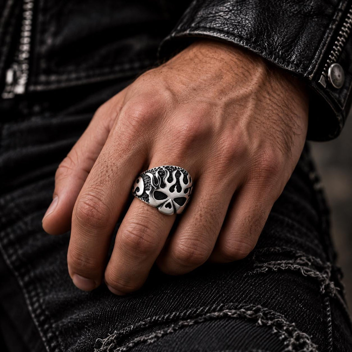 Blackened Flame Ring, 316L Stainless Steel, Wide Statement-Band Design, Sizes 8-13