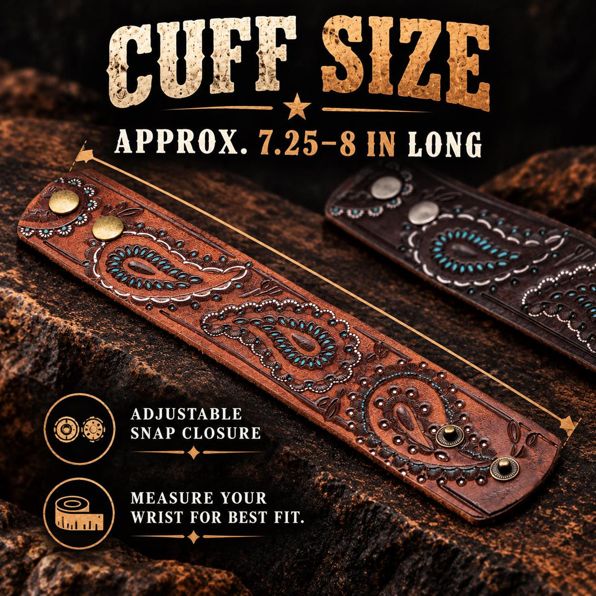 Western Leather Cuff Bracelet, Genuine Leather Paisley Wristband, Tooled Cowgirl Bracelet, Turquoise Accent Cuff, Brown Biker Jewelry