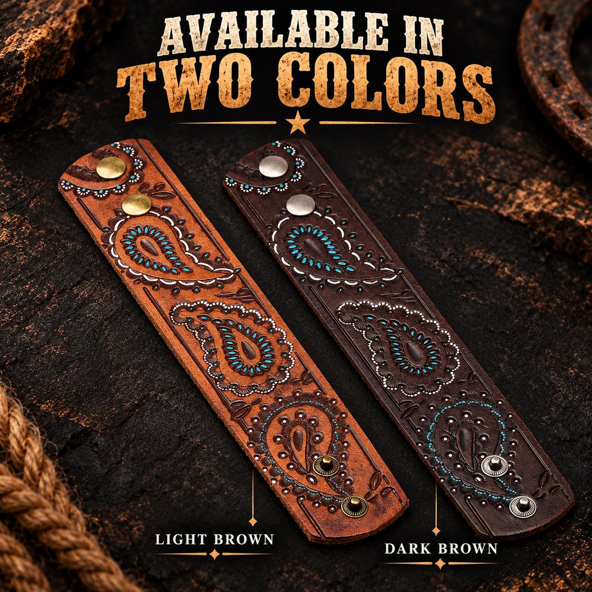 Western Leather Cuff Bracelet, Genuine Leather Paisley Wristband, Tooled Cowgirl Bracelet, Turquoise Accent Cuff, Brown Biker Jewelry