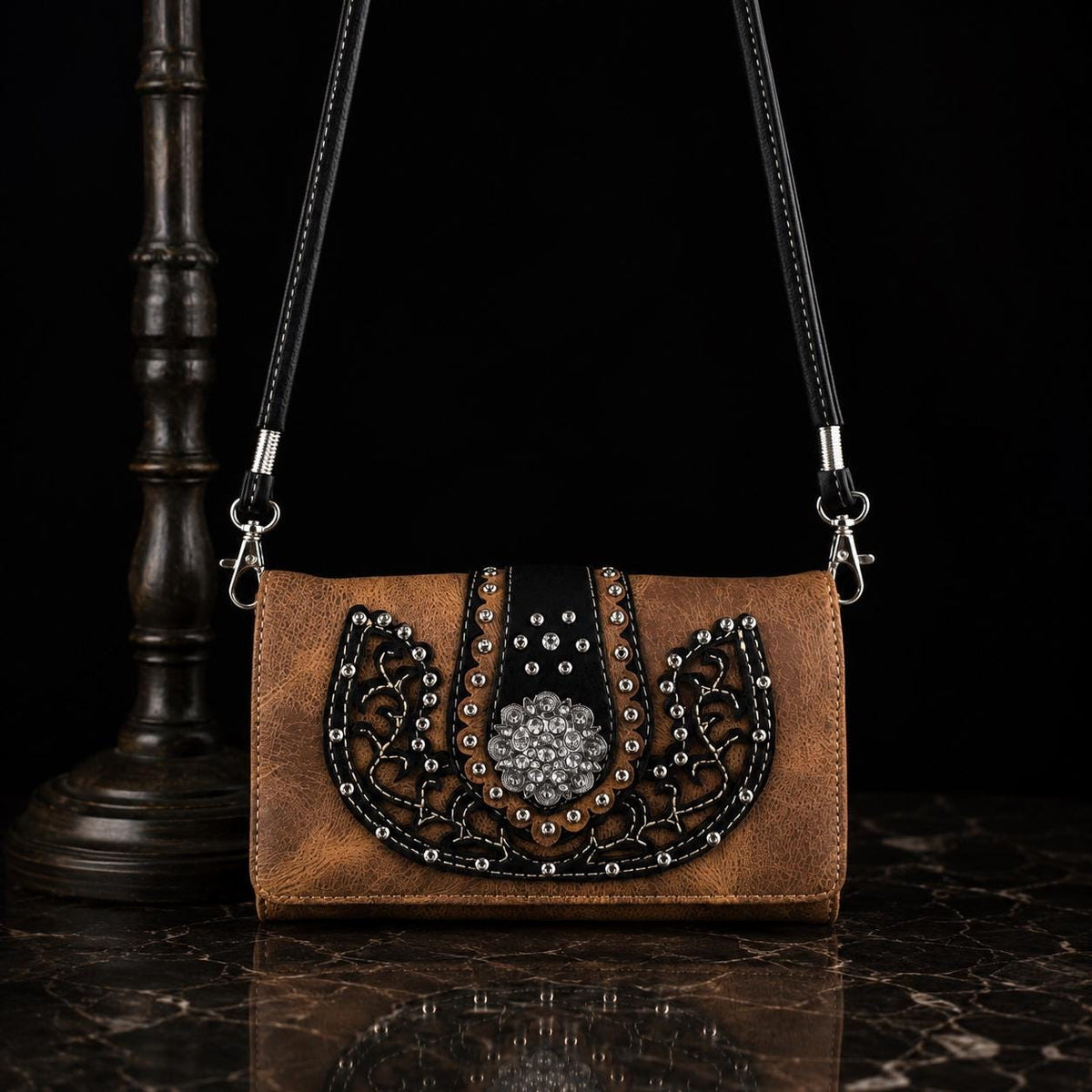 Western Trifold Wallet, Rhinestone Studded Faux Leather Crossbody Purse (Brown Black)