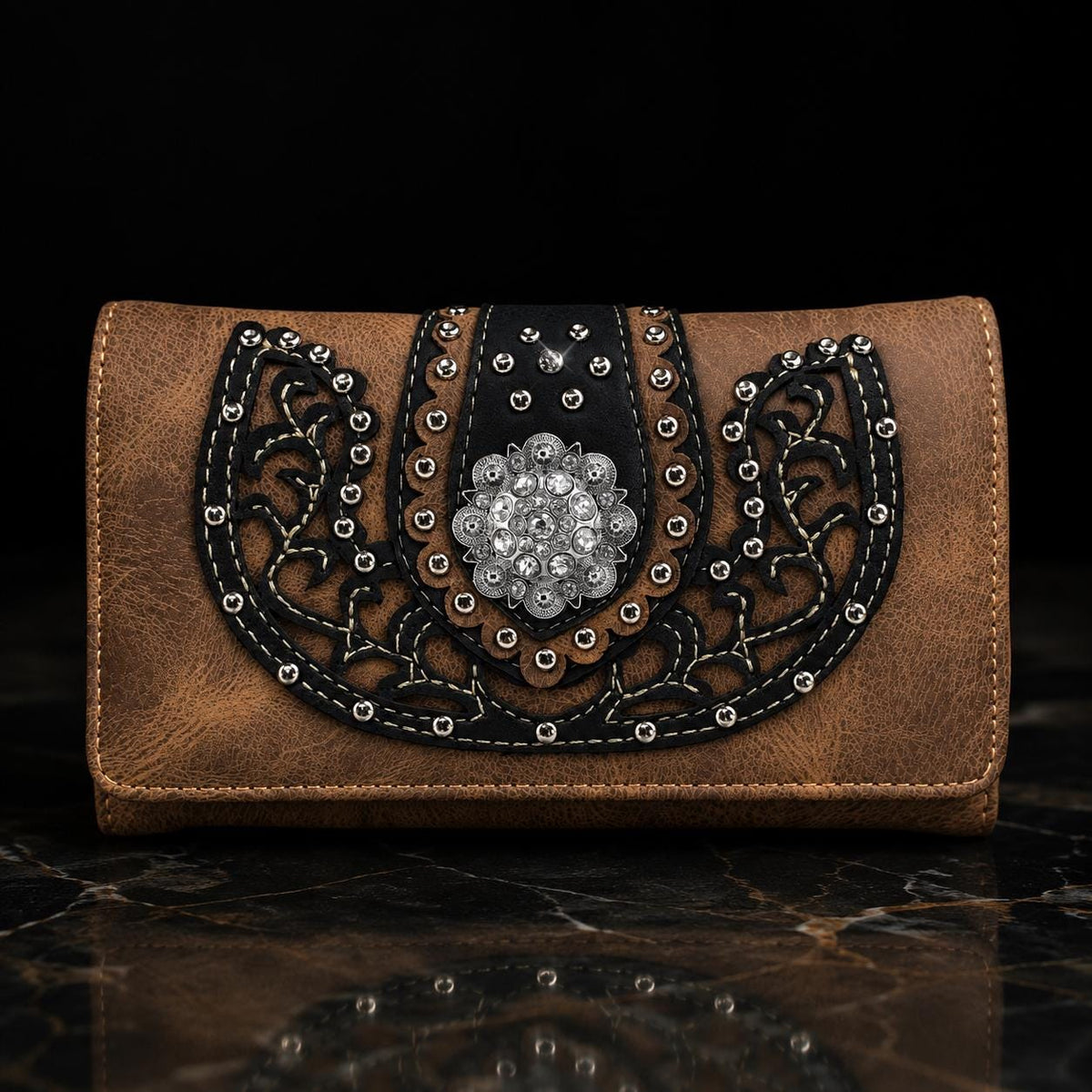 Western Trifold Wallet, Rhinestone Studded Faux Leather Crossbody Purse (Brown Black)
