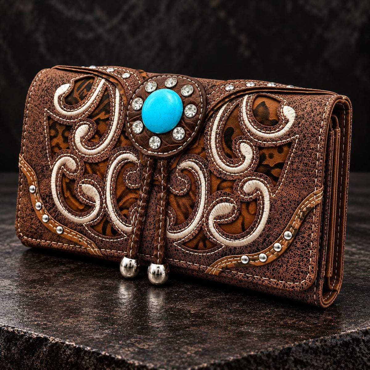 Western Turquoise Crossbody Wallet, Trifold Phone Wallet Purse, Brown Faux Leather Wristlet, Cowgirl Shoulder Bag