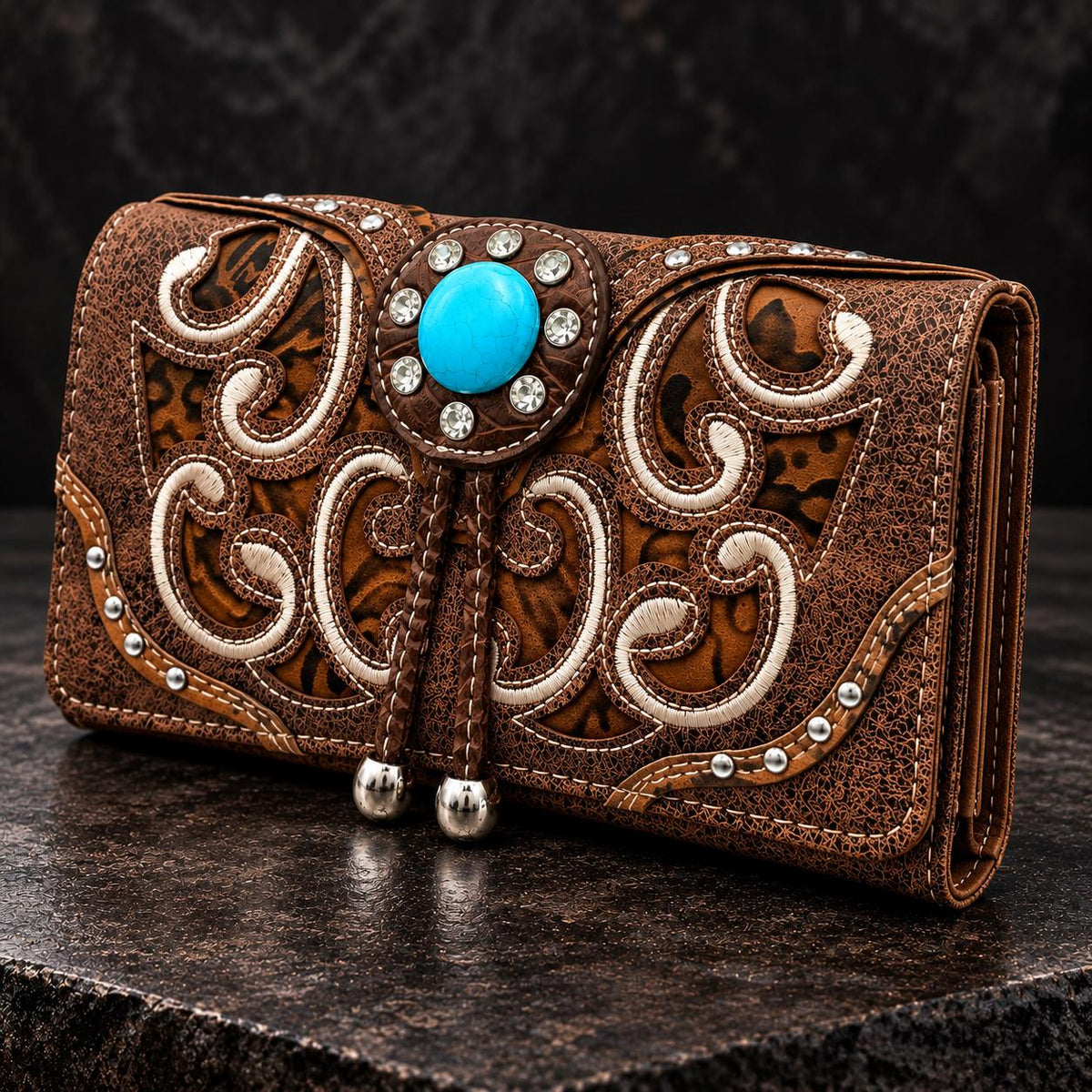 Western Turquoise Crossbody Wallet, Trifold Phone Wallet Purse, Brown Faux Leather Wristlet, Cowgirl Shoulder Bag