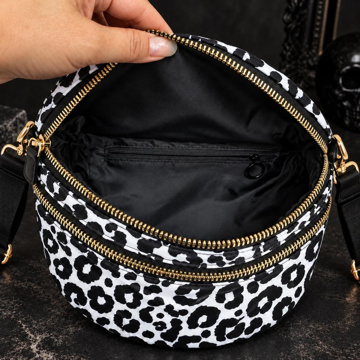 Black and White Leopard Crossbody Bag, Animal Print Shoulder Purse, Bold Everyday Faux Leather Handbag