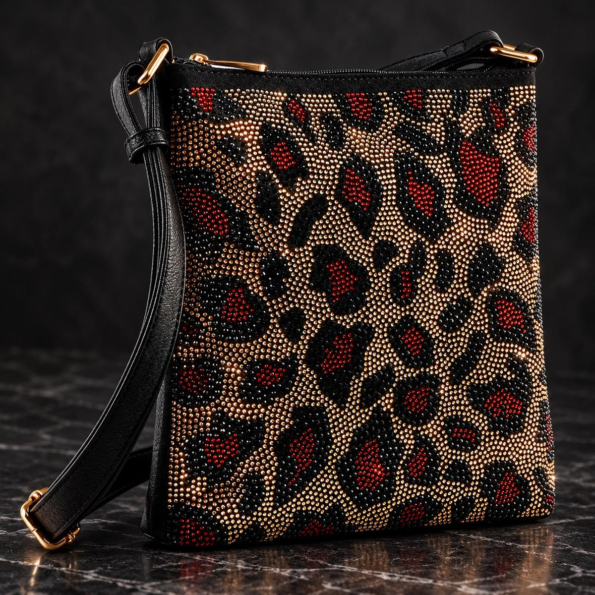 Leopard Rhinestone Crossbody Bag, Black Red Gold Animal Print Purse, Sparkly Statement Shoulder Bag