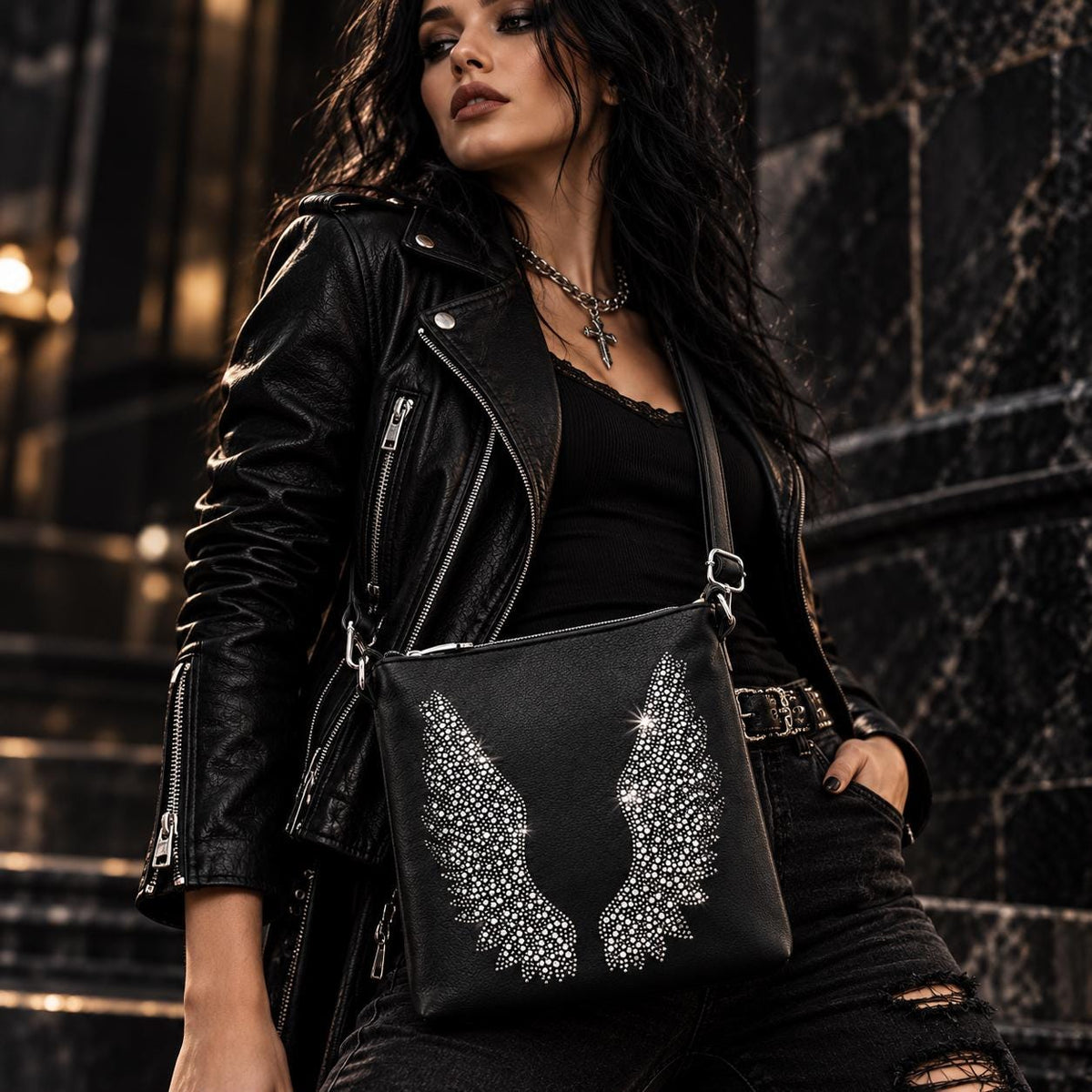 Black Rhinestone Angel Wing Crossbody Bag & Wallet Set, Gothic Biker Purse (Matching Set)