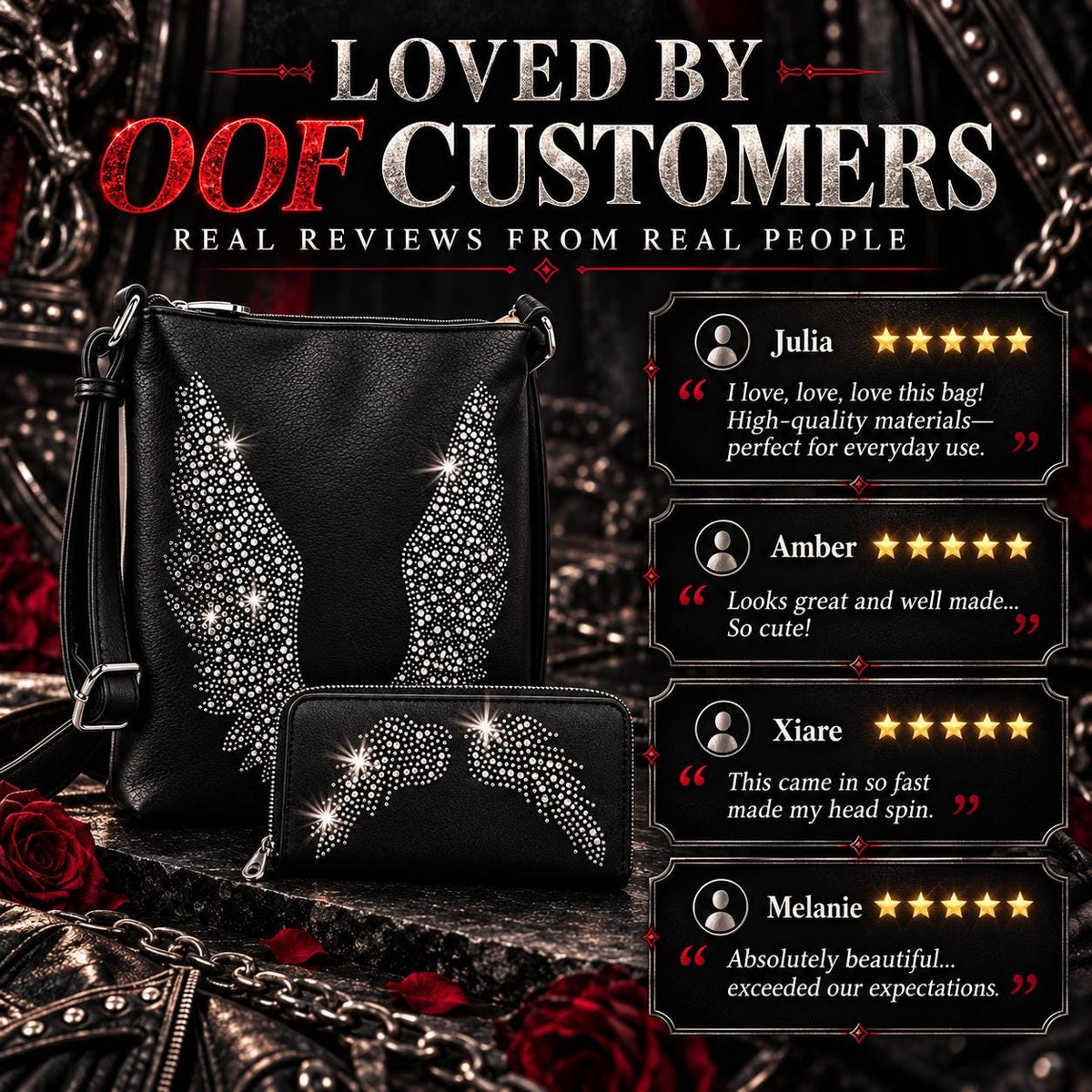 Black Rhinestone Angel Wing Crossbody Bag & Wallet Set, Gothic Biker Purse (Matching Set)