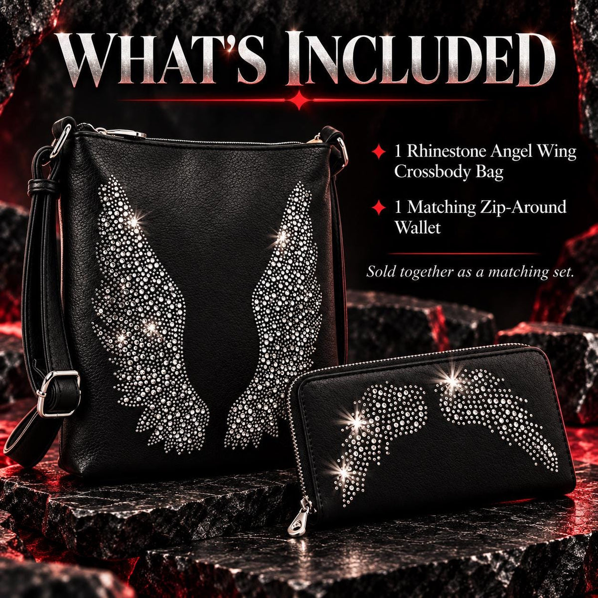 Black Rhinestone Angel Wing Crossbody Bag & Wallet Set, Gothic Biker Purse (Matching Set)