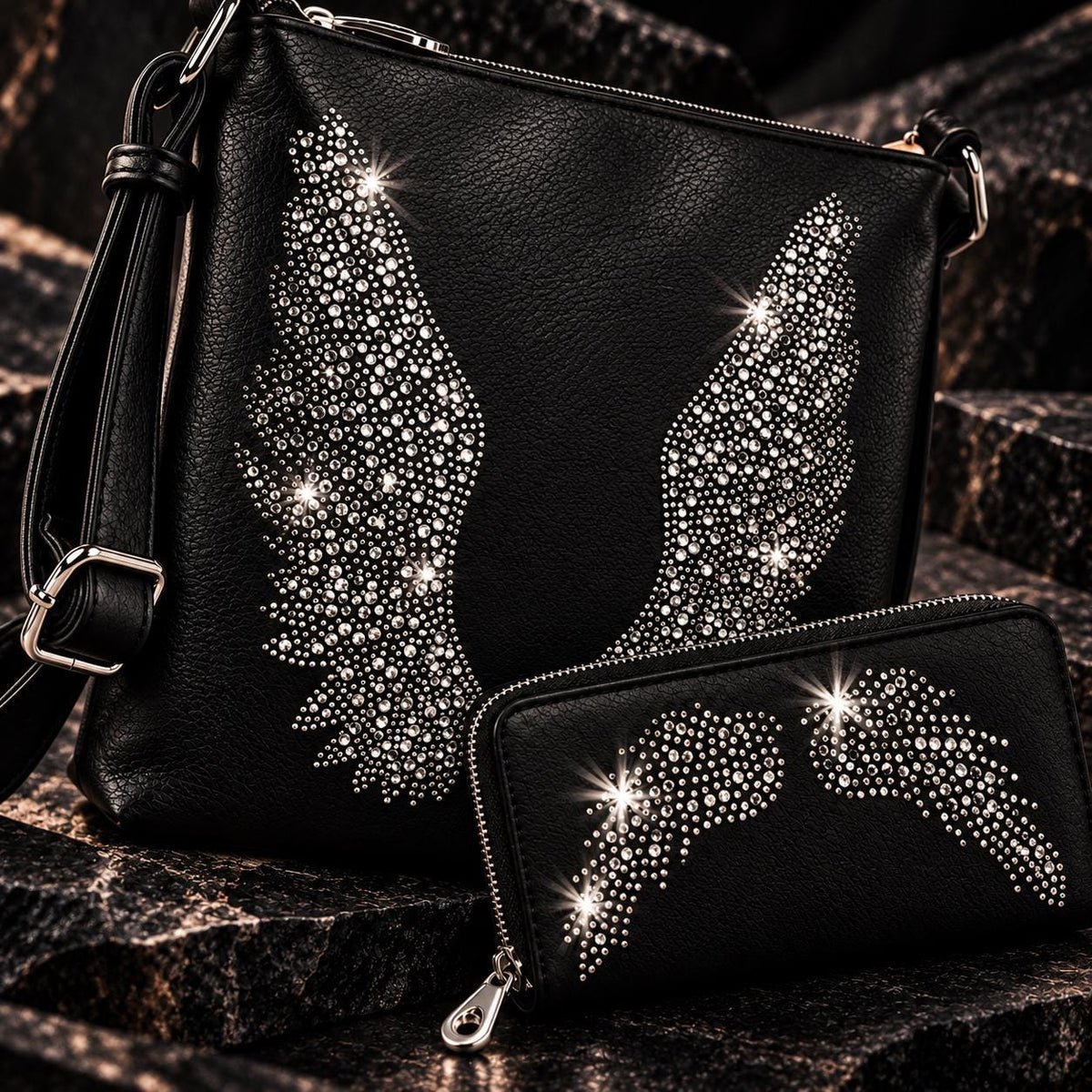Black Rhinestone Angel Wing Crossbody Bag & Wallet Set, Gothic Biker Purse (Matching Set)