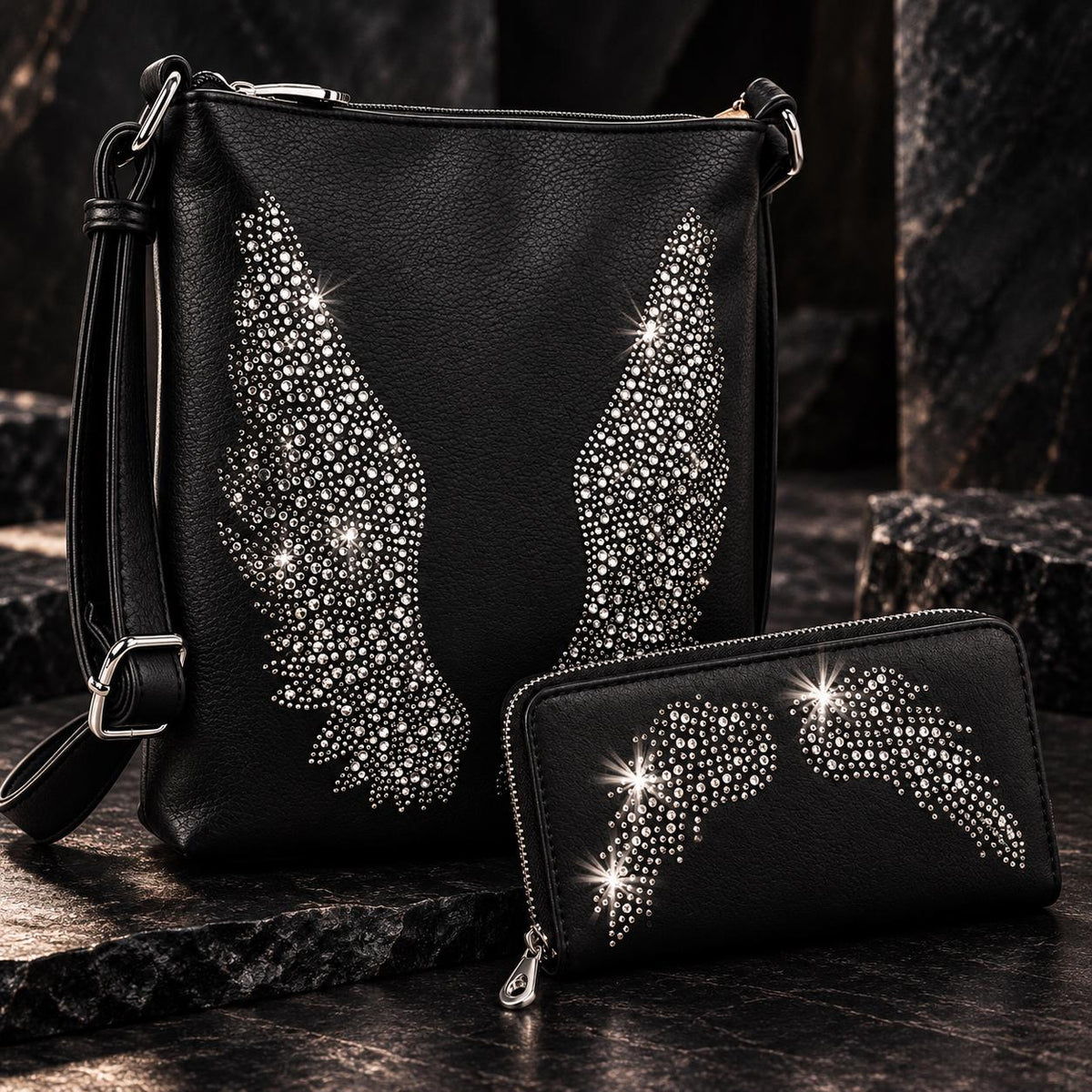 Black Rhinestone Angel Wing Crossbody Bag & Wallet Set, Gothic Biker Purse (Matching Set)