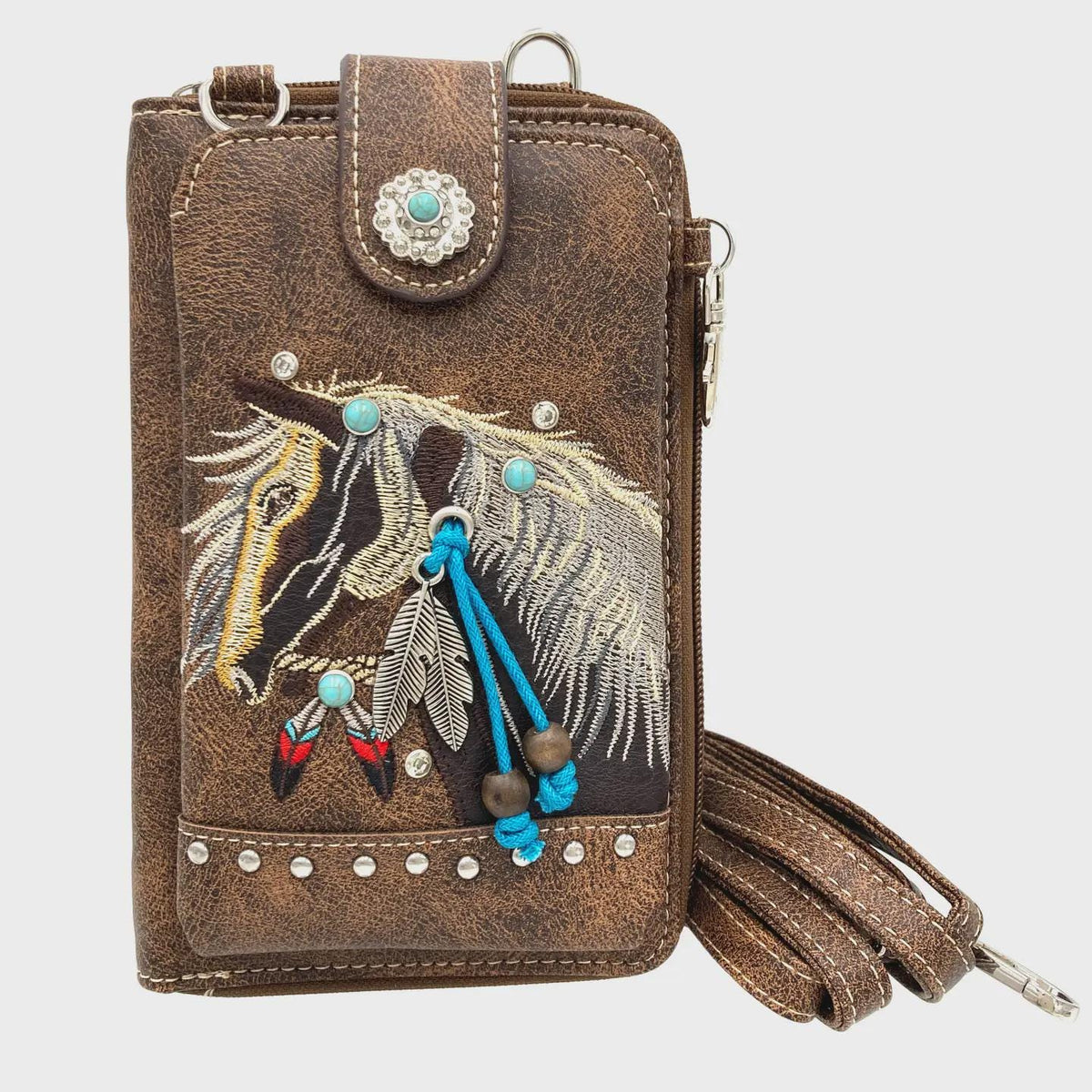 Western Horse Crossbody Wallet, Embroidered Phone Pouch with Wristlet, Cowgirl Wallet Purse, Brown or Turquoise