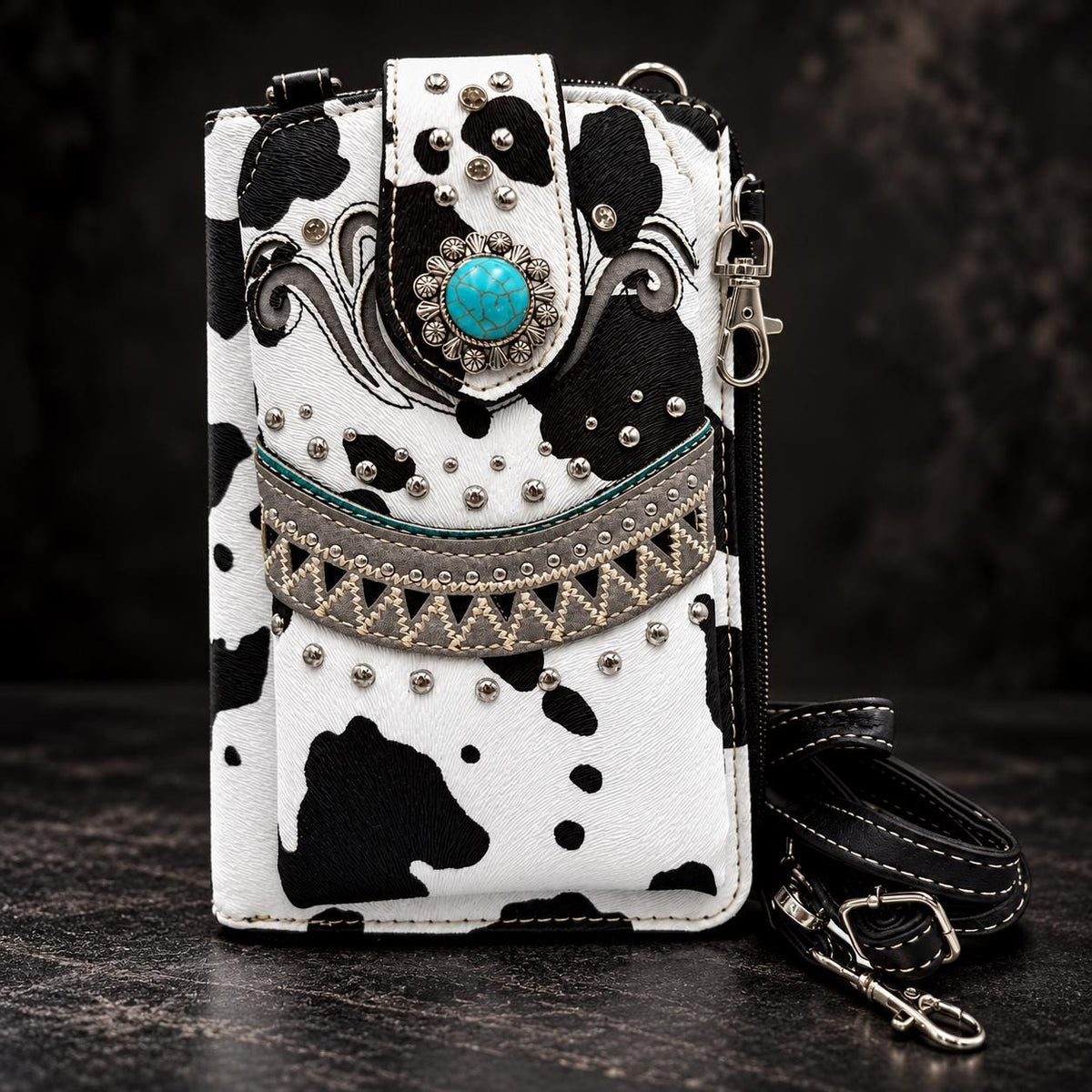 Black White Cow Print Crossbody Wallet, Turquoise Concho Western Wristlet, Phone Wallet Purse