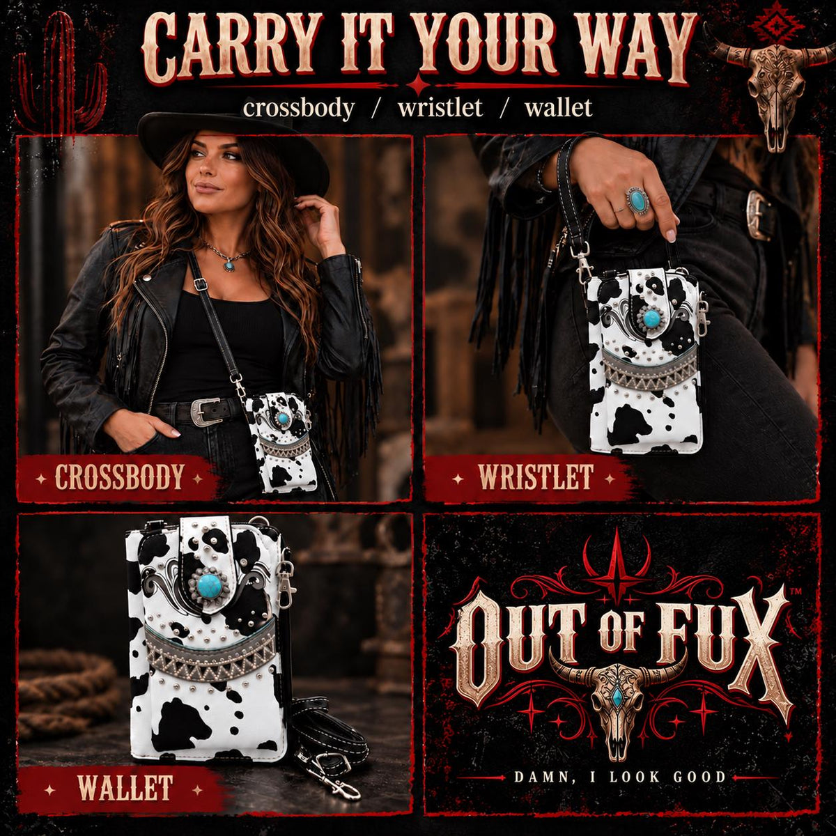Black White Cow Print Crossbody Wallet, Turquoise Concho Western Wristlet, Phone Wallet Purse