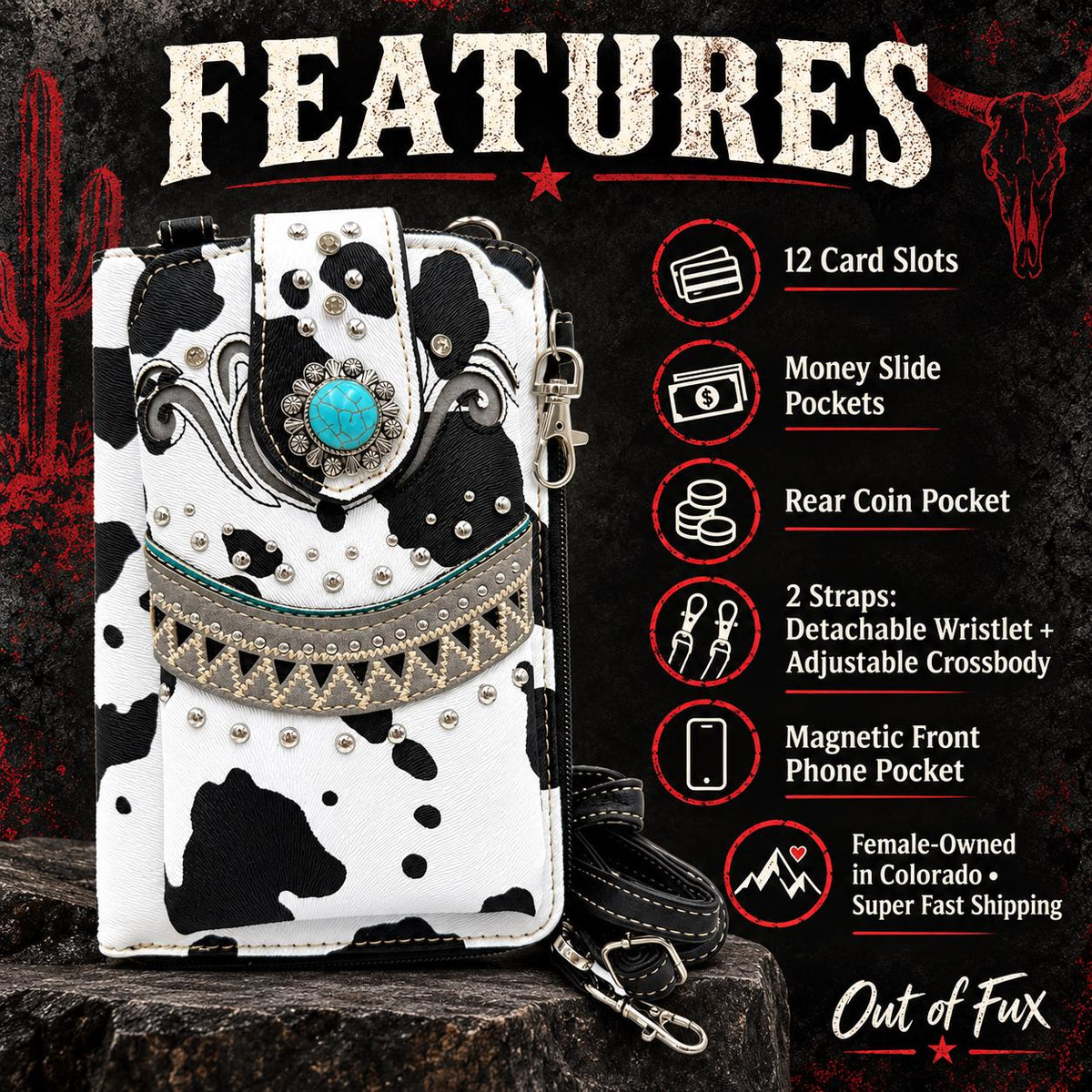 Black White Cow Print Crossbody Wallet, Turquoise Concho Western Wristlet, Phone Wallet Purse