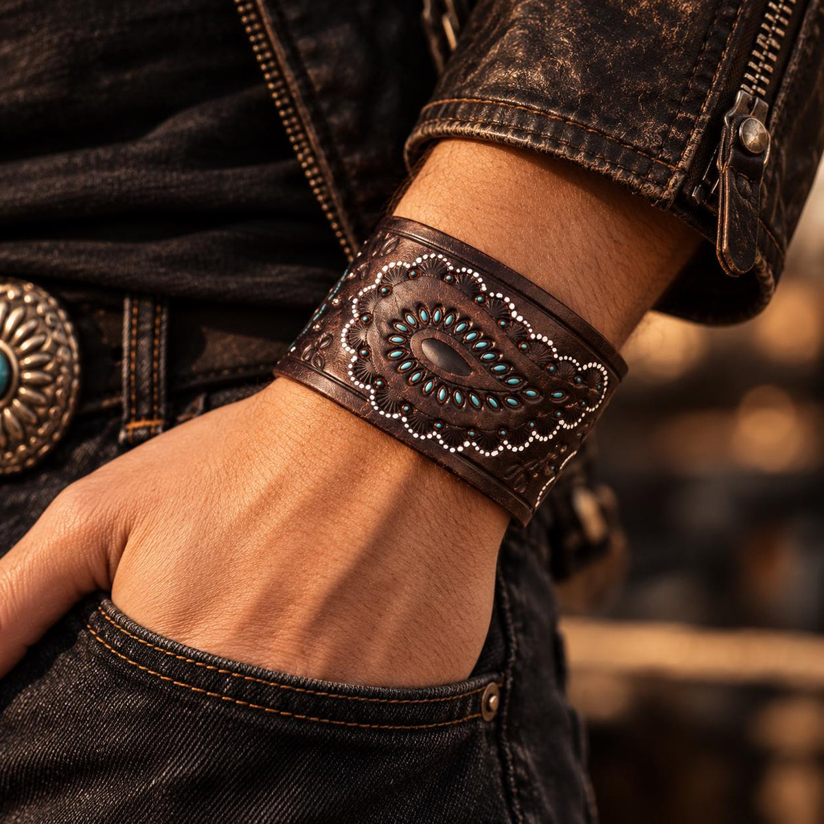 Western Leather Cuff Bracelet, Genuine Leather Paisley Wristband, Tooled Cowgirl Bracelet, Turquoise Accent Cuff, Brown Biker Jewelry