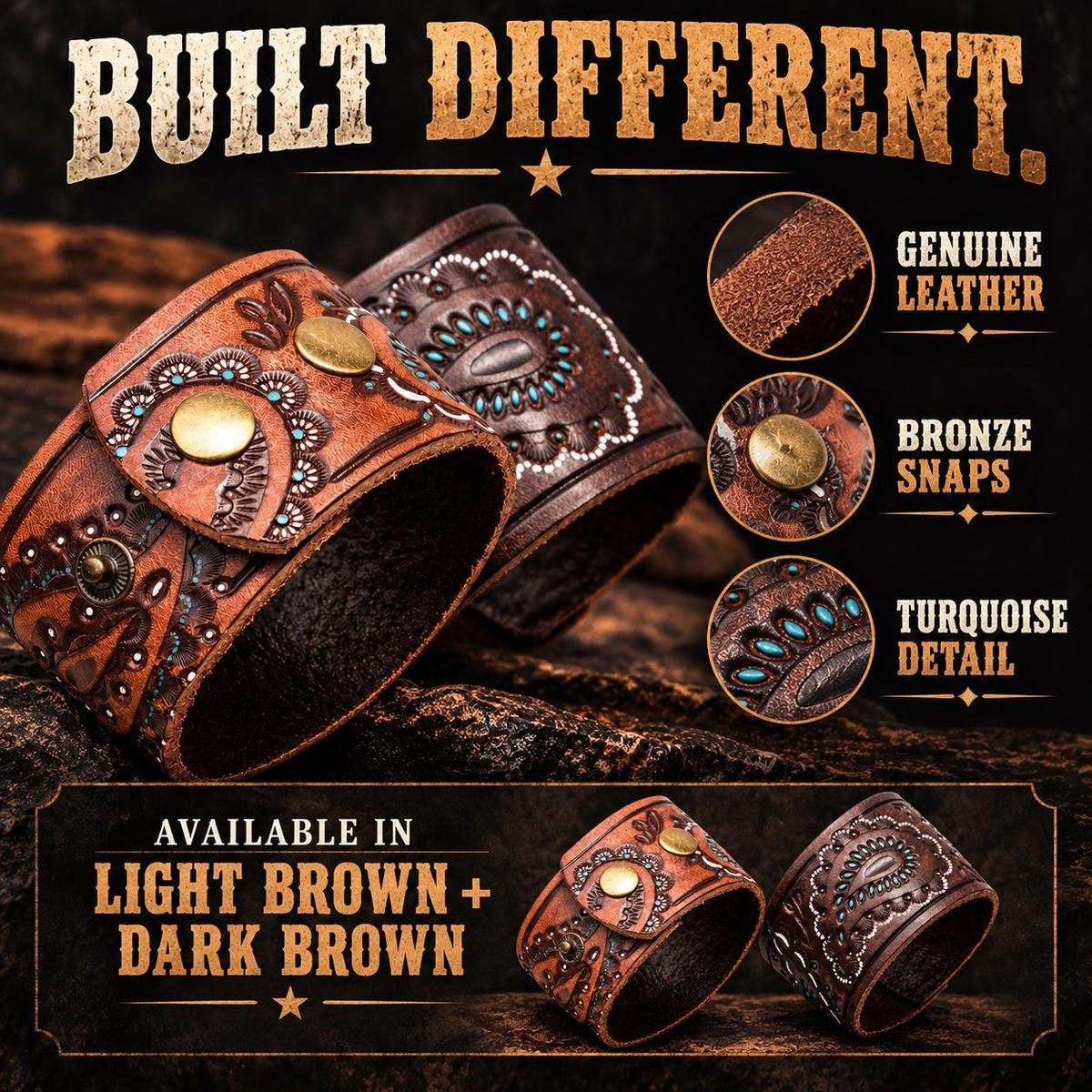 Western Leather Cuff Bracelet, Genuine Leather Paisley Wristband, Tooled Cowgirl Bracelet, Turquoise Accent Cuff, Brown Biker Jewelry