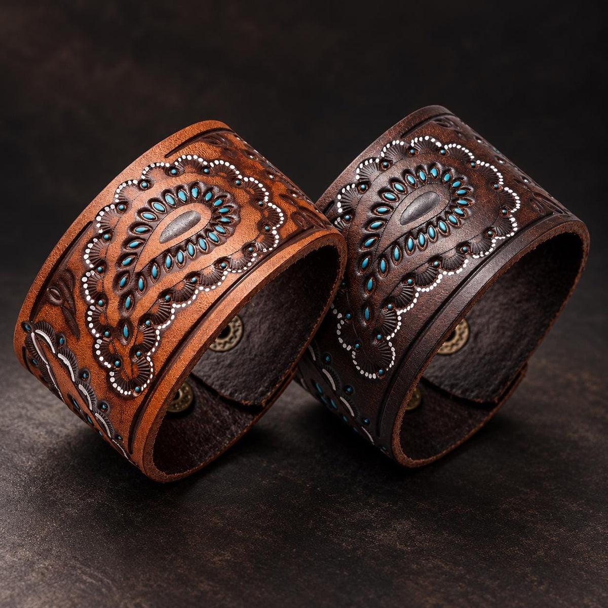 Western Leather Cuff Bracelet, Genuine Leather Paisley Wristband, Tooled Cowgirl Bracelet, Turquoise Accent Cuff, Brown Biker Jewelry