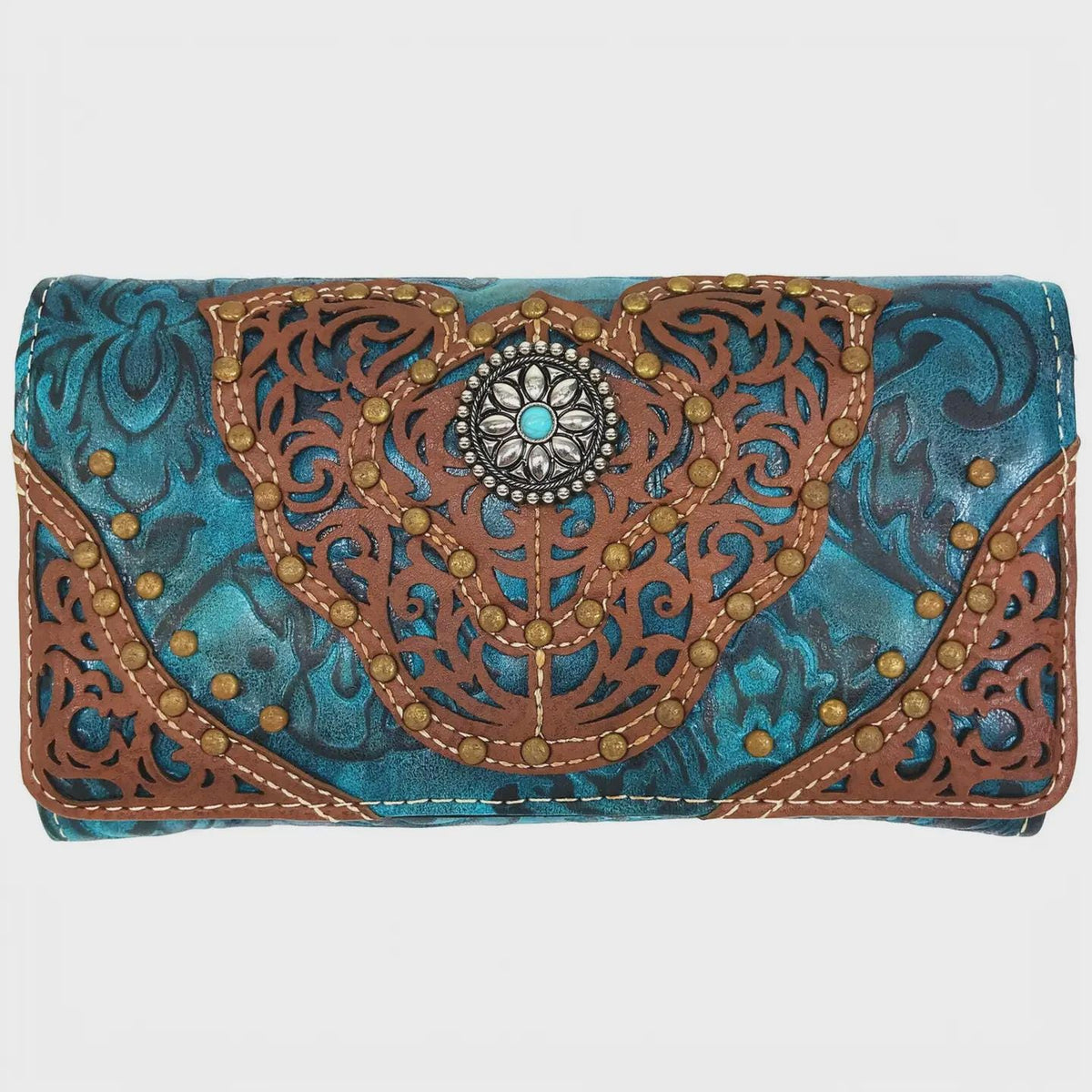 Turquoise Western Trifold Wallet, Embossed Faux Leather, Concho Wristlet Crossbody