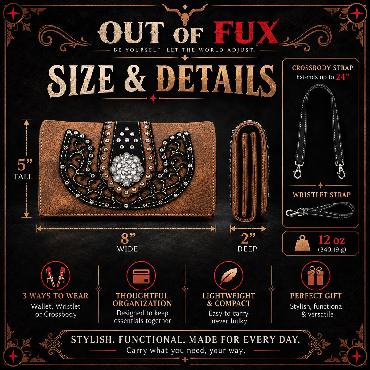 Western Trifold Wallet, Rhinestone Studded Faux Leather Crossbody Purse (Brown Black)