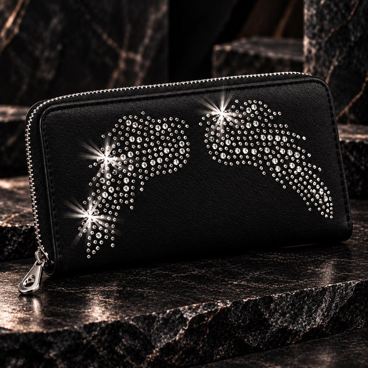 Black Rhinestone Angel Wing Crossbody Bag & Wallet Set, Gothic Biker Purse (Matching Set)