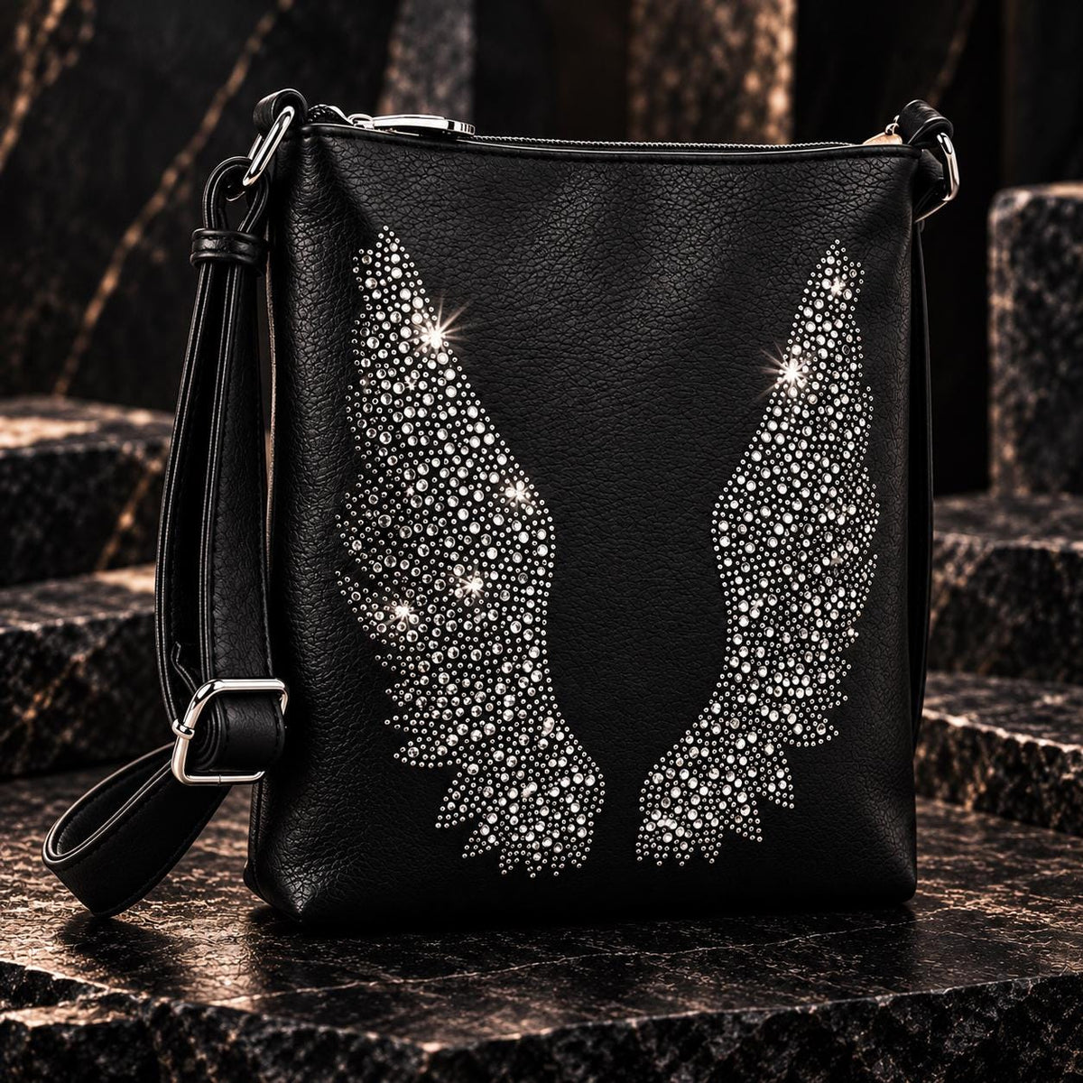 Black Rhinestone Angel Wing Crossbody Bag & Wallet Set, Gothic Biker Purse (Matching Set)