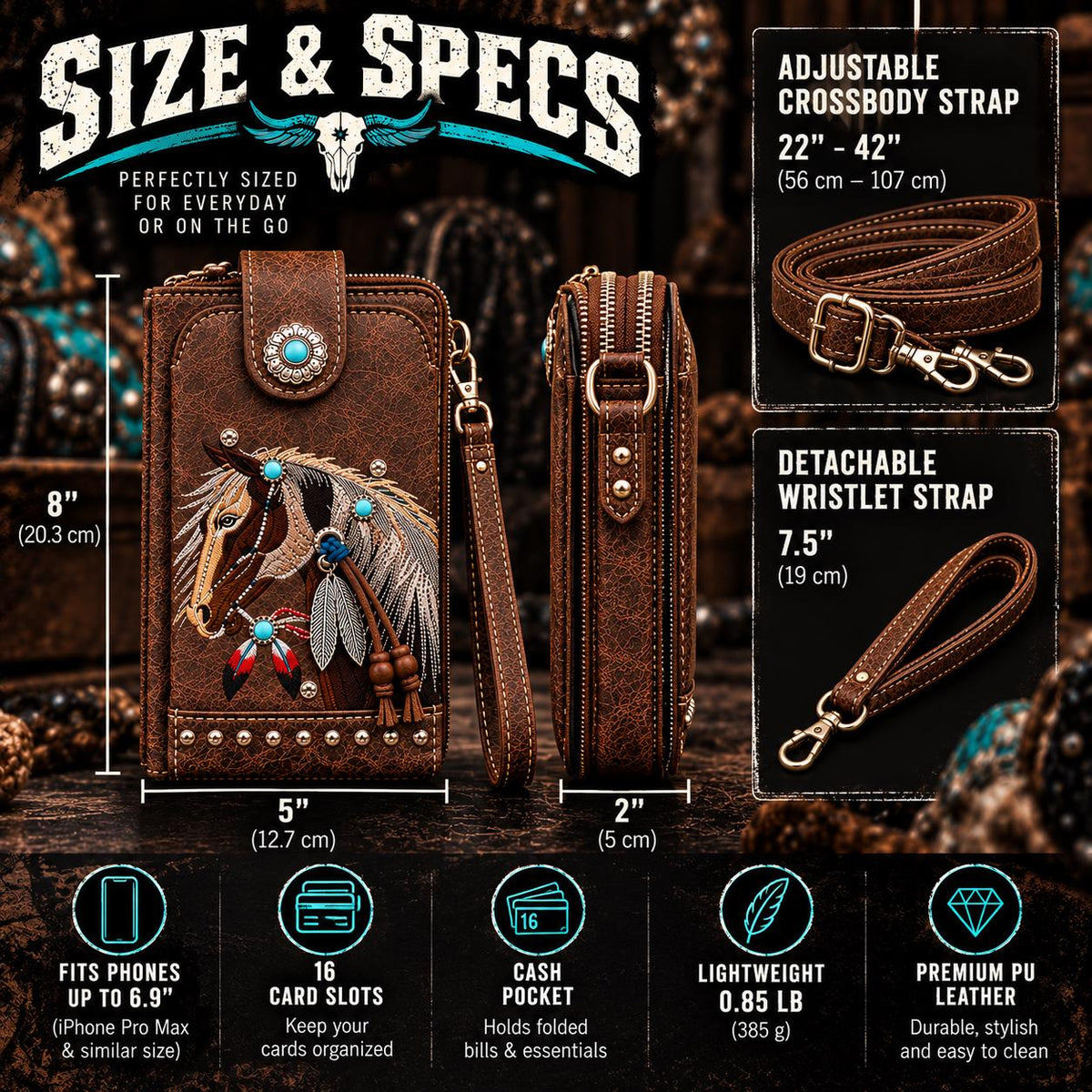 Western Horse Crossbody Wallet, Embroidered Phone Pouch with Wristlet, Cowgirl Wallet Purse, Brown or Turquoise