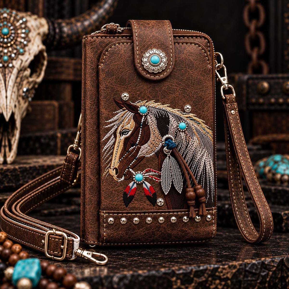 Western Horse Crossbody Wallet, Embroidered Phone Pouch with Wristlet, Cowgirl Wallet Purse, Brown or Turquoise