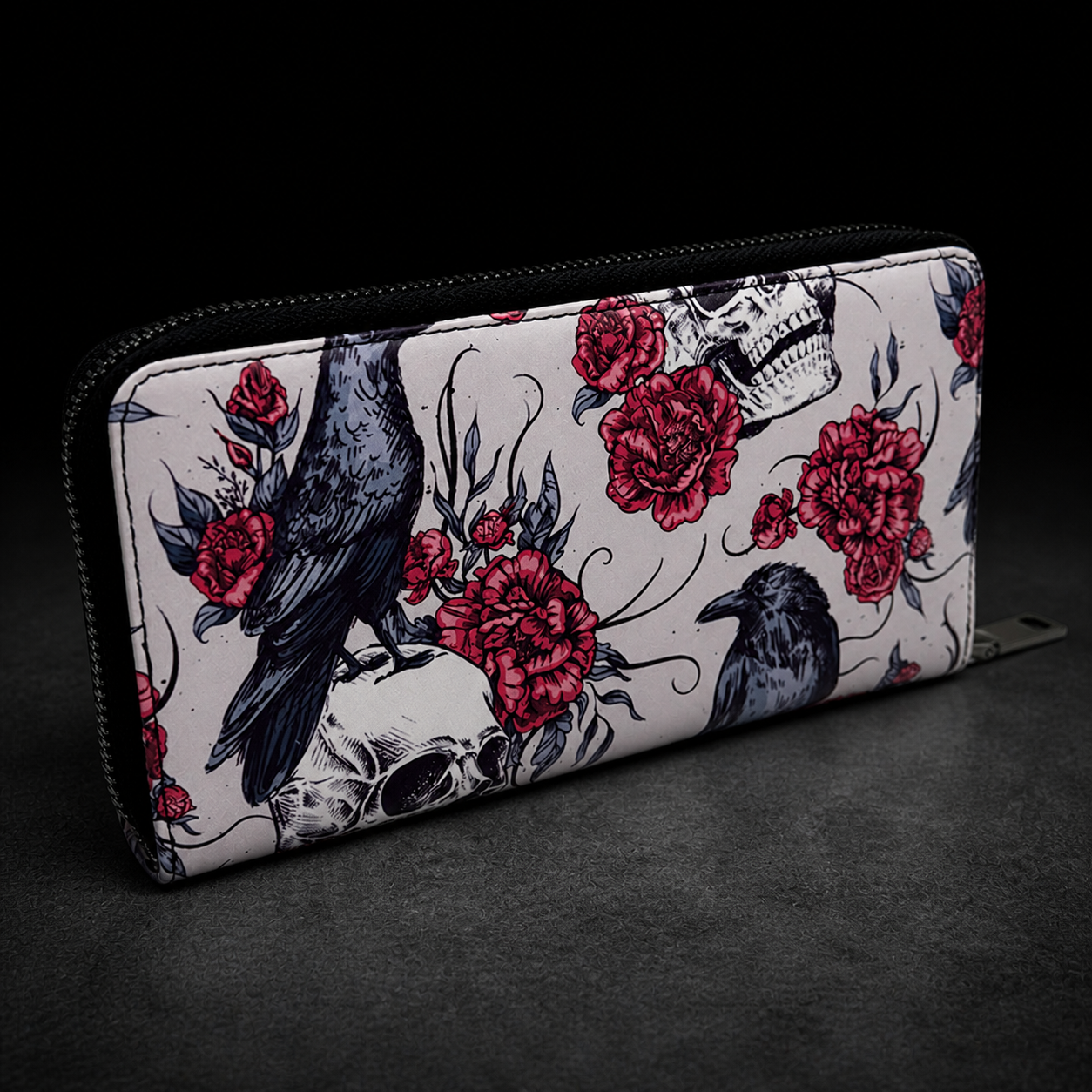 Gothic Raven Skull Wallet: Zip Around Wristlet Clutch with Rose Print