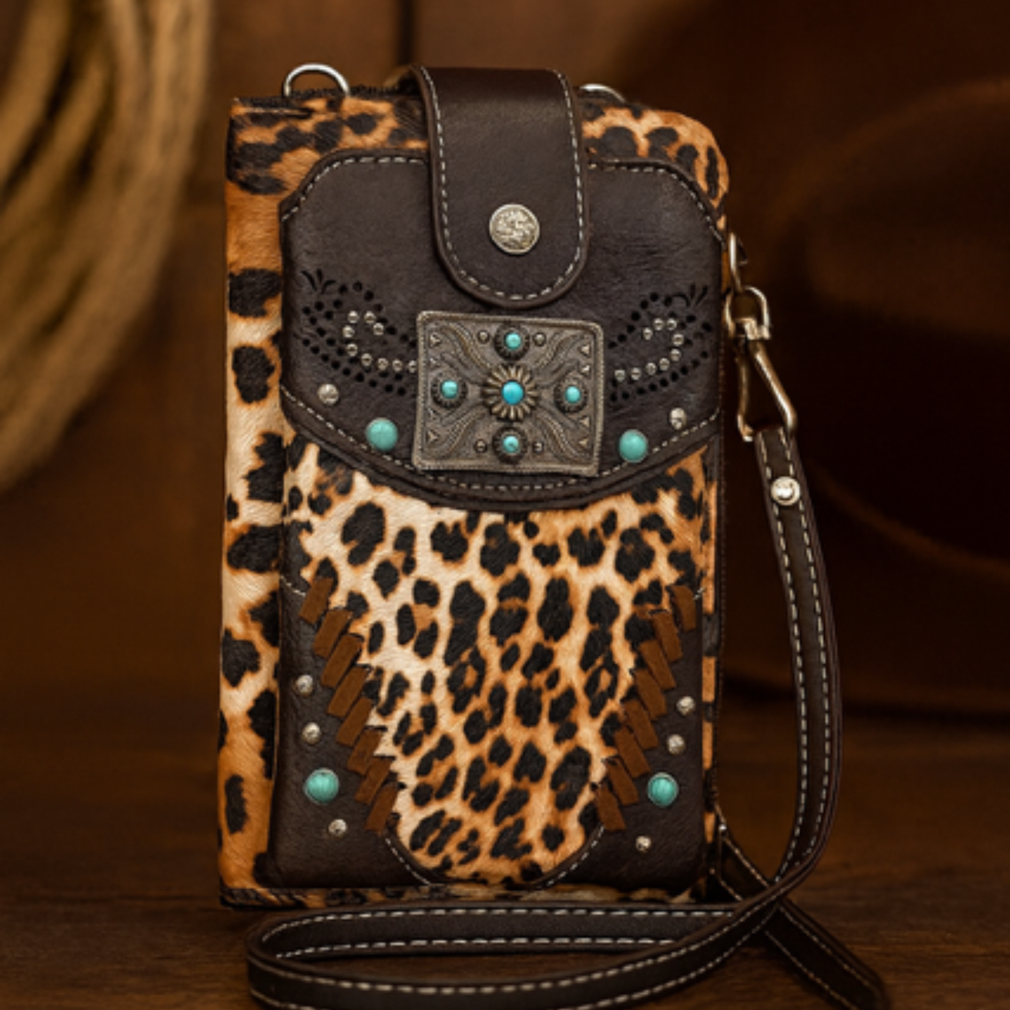 Leopard Print Crossbody Wallet: Turquoise Accent Western Wristlet for Women