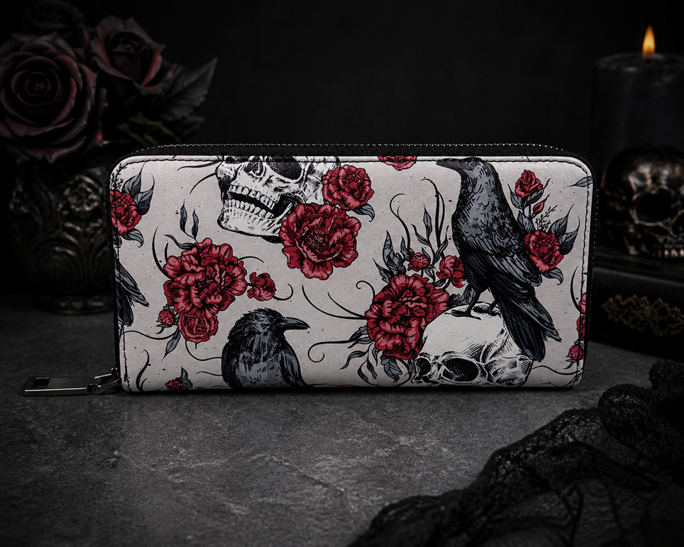 Gothic Raven Skull Wallet: Zip Around Wristlet Clutch with Rose Print