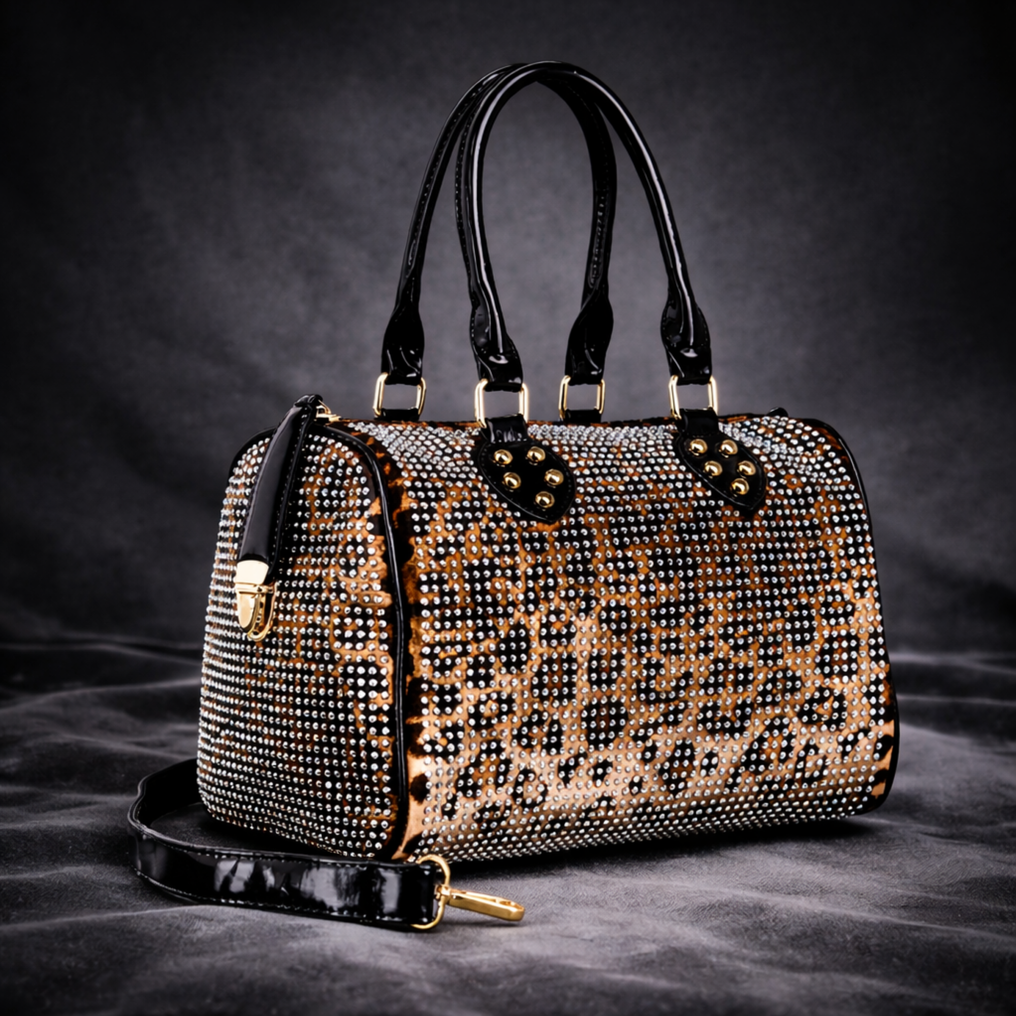 Rhinestone Leopard Print Satchel, Sparkly Statement Shoulder Bag, Glam Party Purse