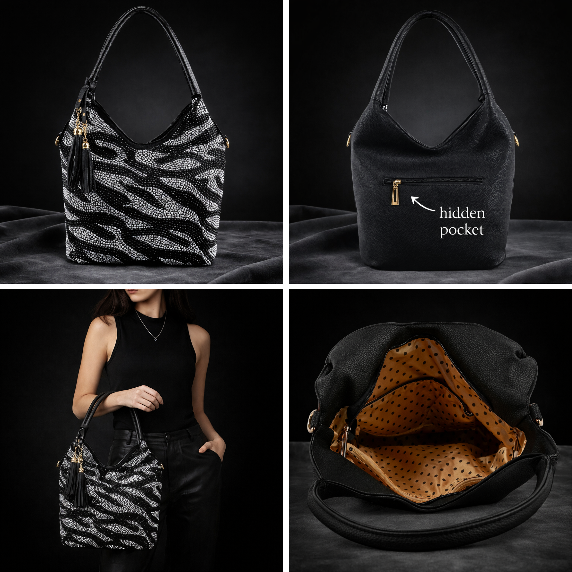 Zebra Rhinestone Pattern Shoulder Bag - Black