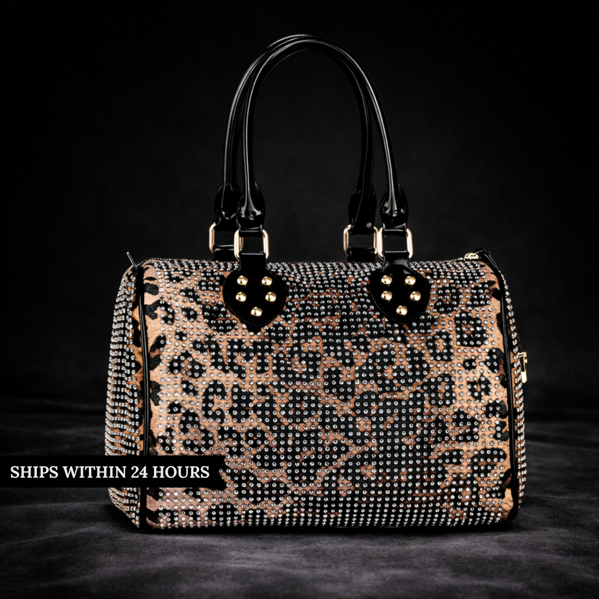 Rhinestone Leopard Print Satchel, Sparkly Statement Shoulder Bag, Glam Party Purse