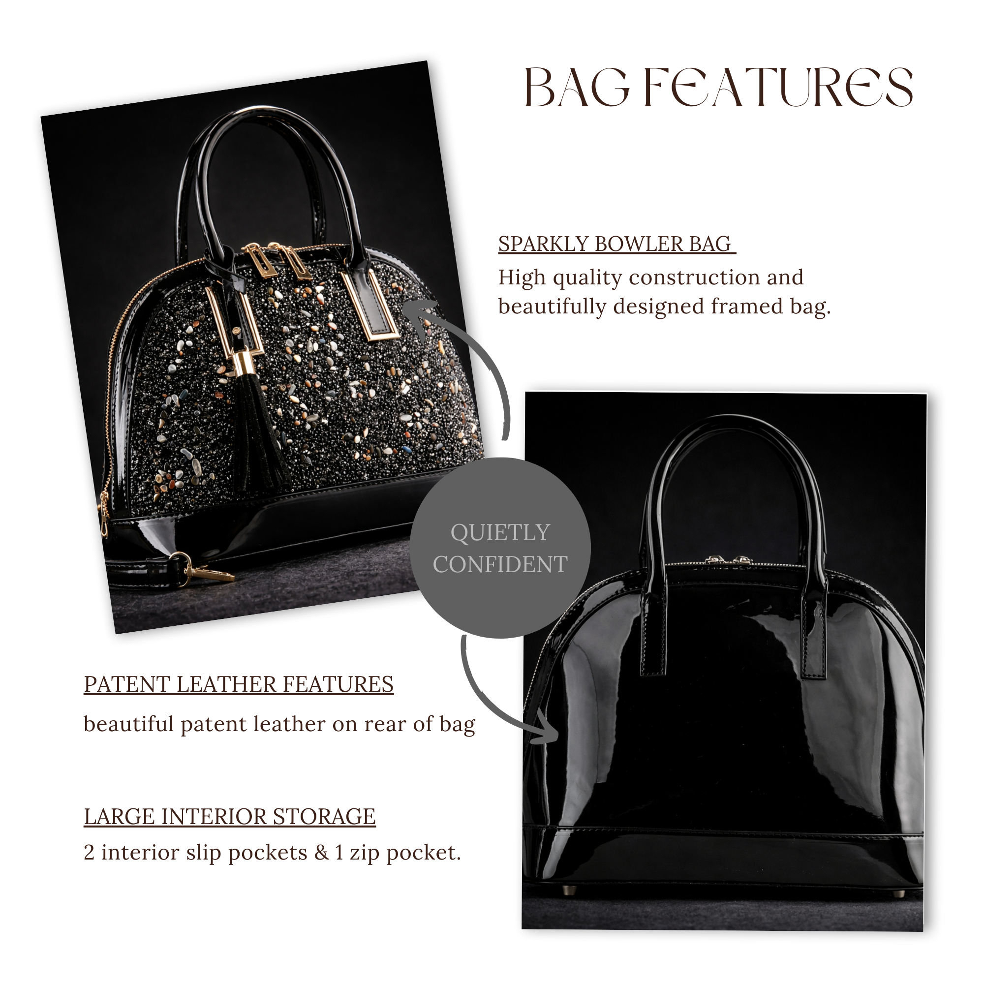 Black Patent Leather Satchel, Studded Rhinestone Purse, Structured Top Handle Bag